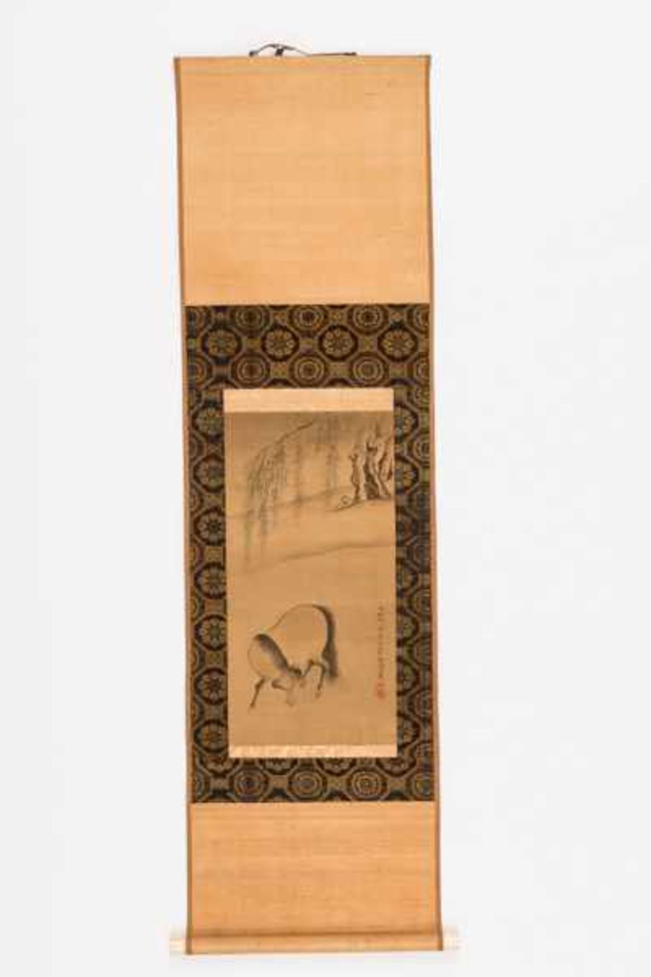 A TATEMONO BY TANI BUNCHO (1763- 1840) OF A HORSE UNDER A WILLOW Tatemono painting with ink and - Image 2 of 3