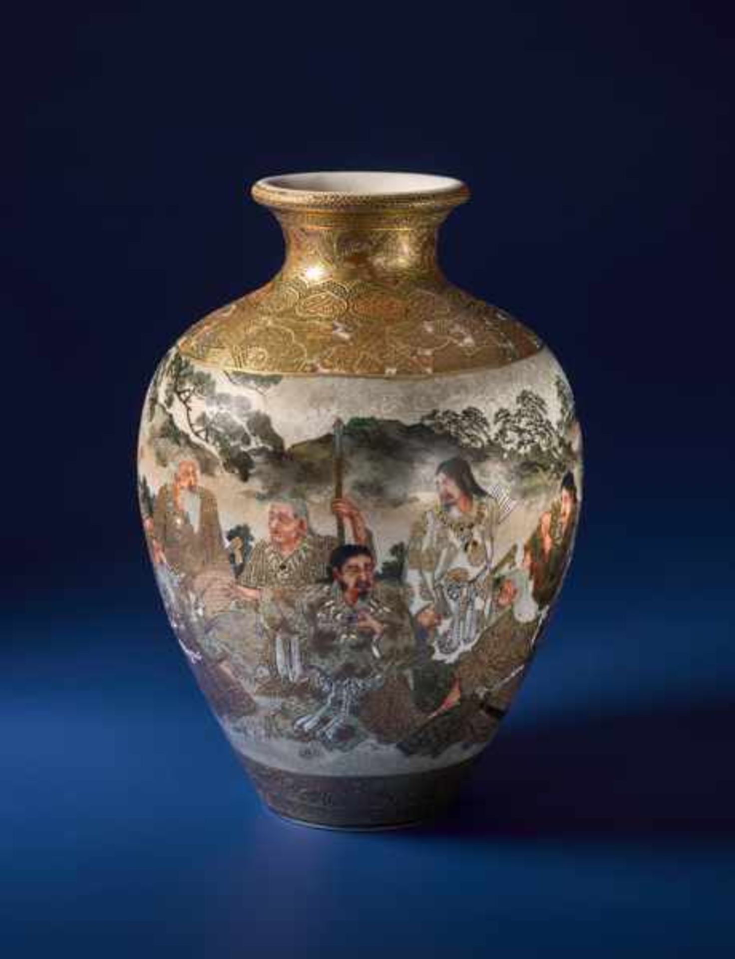 HODODA: VASE WITH ROYAL PERSONS Glazed ceramic with paint and gold. Japan, Meiji periodAll