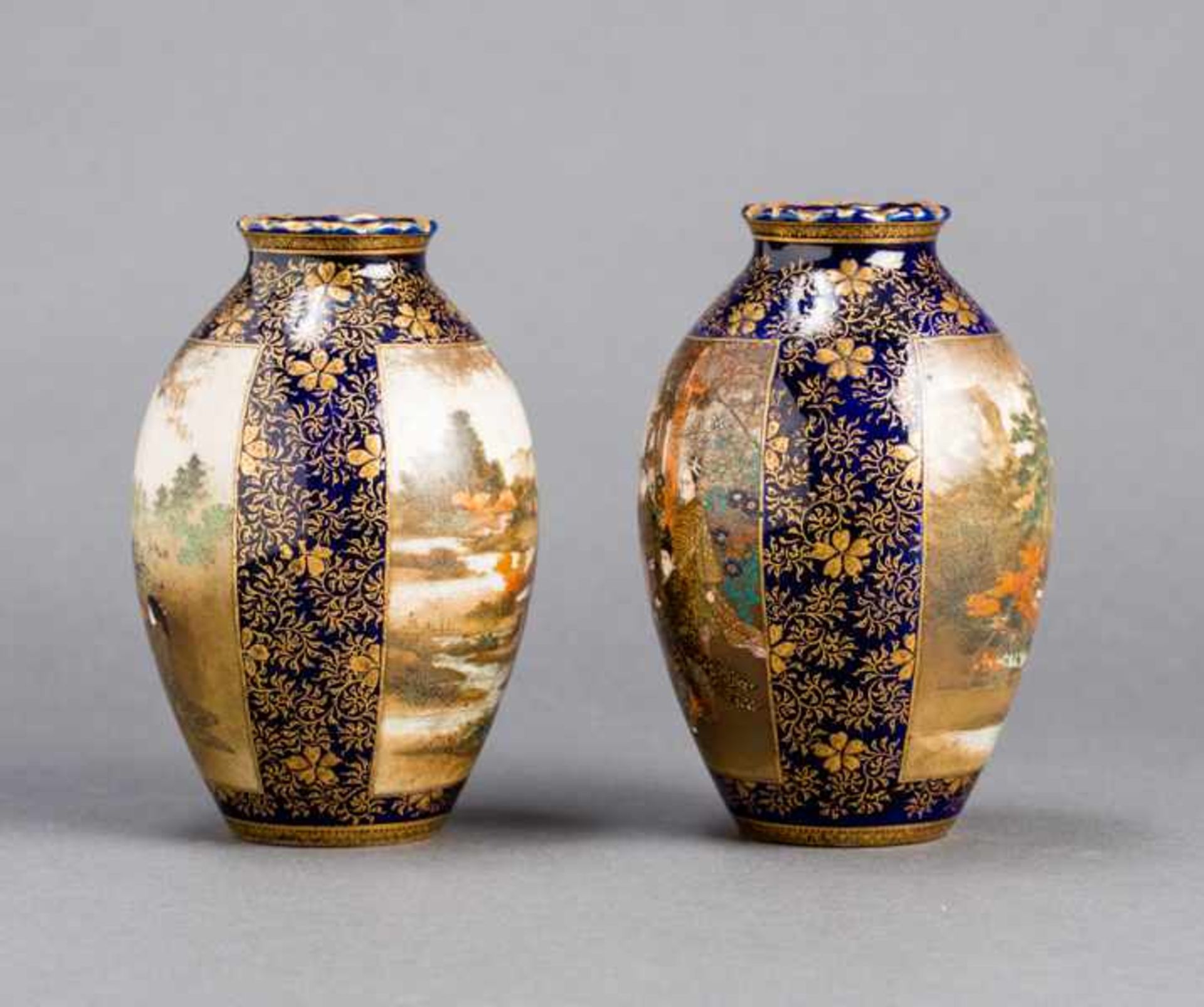 KENZAN: PAIR OF SATSUMA VASES Glazed ceramic with paint and gold. Japan, Meiji periodOvoid form with - Image 4 of 6