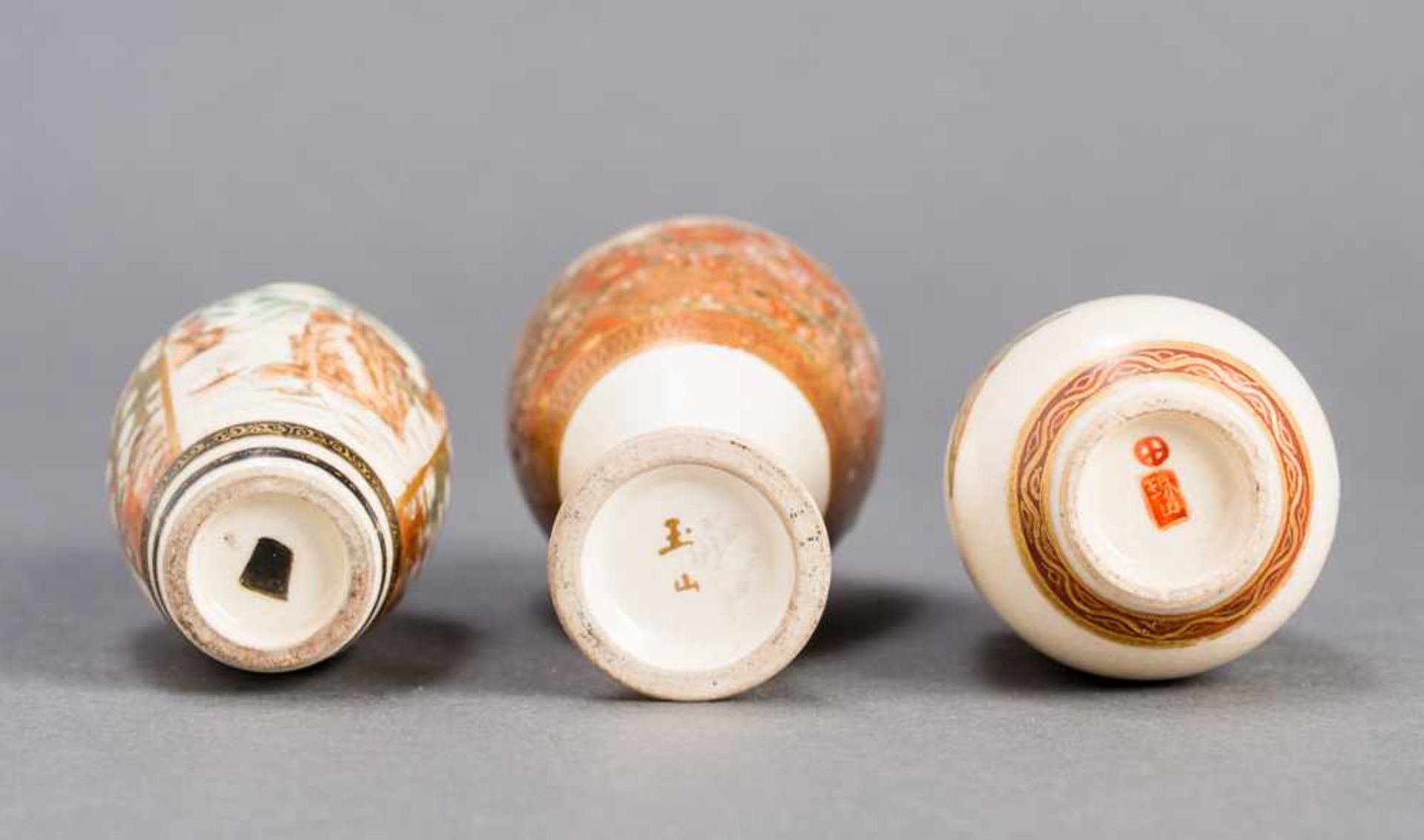 THREE SATSUMA VASES Glazed ceramic with paint and gold. Japan, Meiji periodThe first small vase - Image 3 of 4