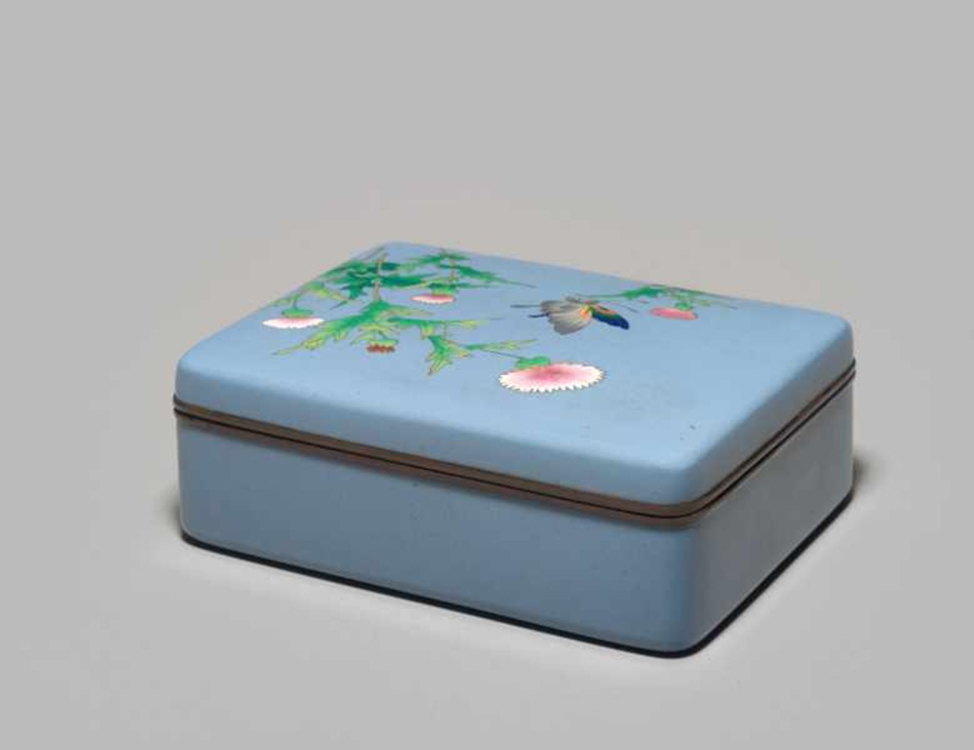 A CLOISONNÉ BOX AND COVER WITH BLOSSOMS AND BUTTERFLY BY THE ANDO JUBEI COMPANY Colored enamel - Image 6 of 9