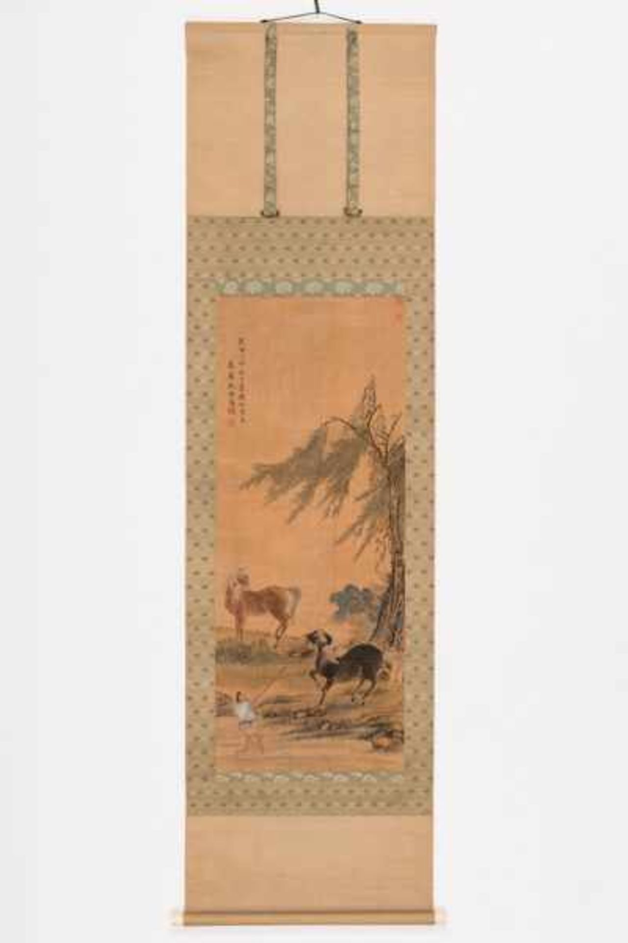 A KAKEMONO OF HORSES AND SERVANT UNDER A WILLOW Kakemono painting with colors on silk. Japan, 18th - Image 2 of 5