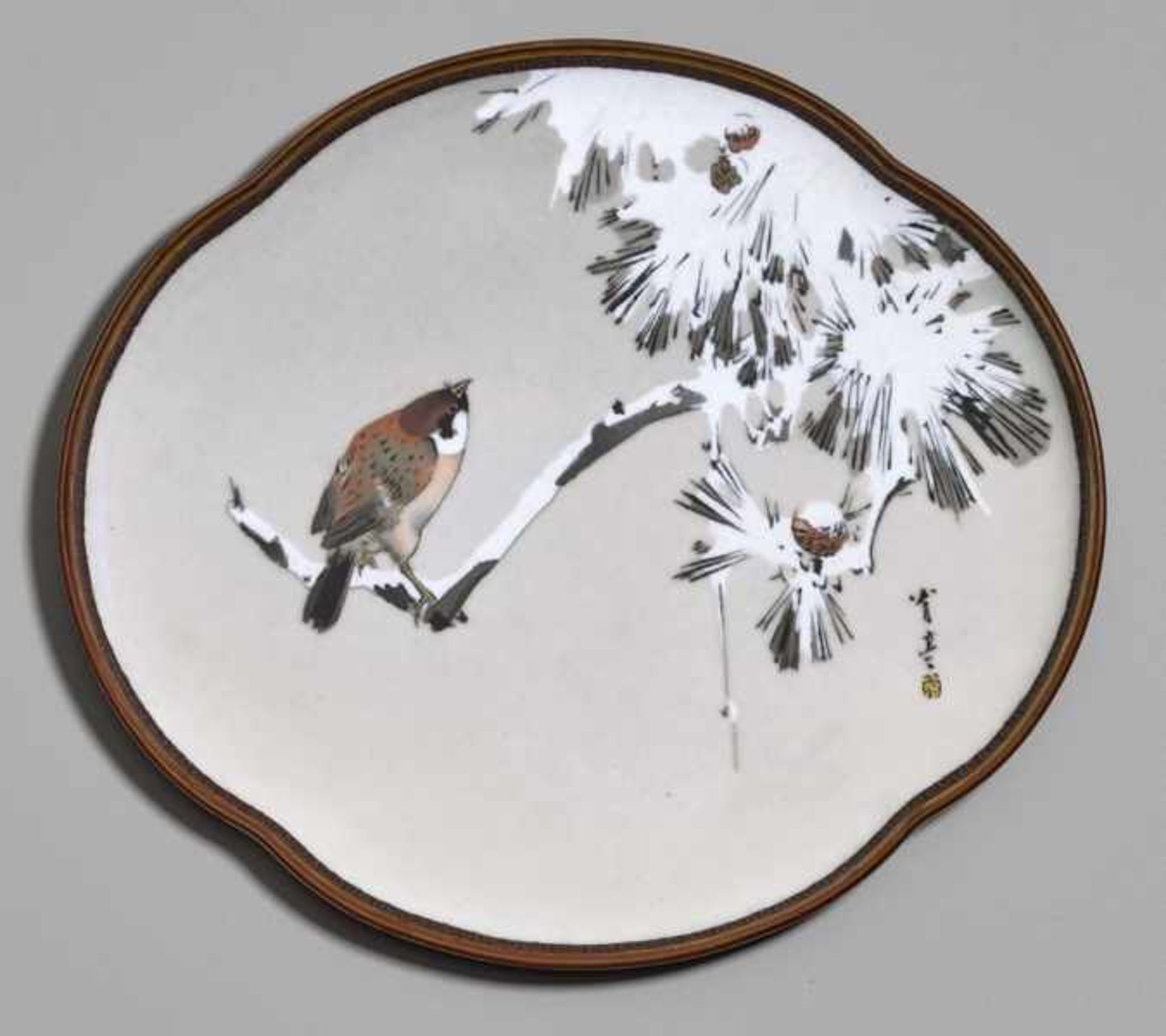 A ‘WINTER’ CLOISONNÉ PLATE, BY NAMIKAWA SOSUKE, SIGNED WATANABE SEITEI Polychrome enamels with