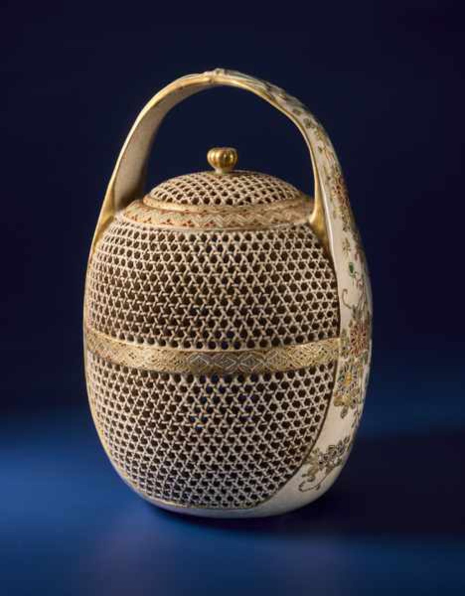 FUZAN: A SATSUMA CRICKET CAGE Glazed ceramic with paint and gold. Japan, Meiji periodExtremely