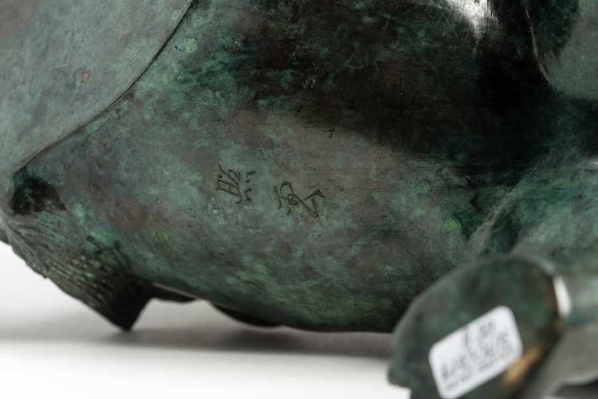 A BRONZE SHISHI Bronze with gilding. Japan, 19th centuryOf beautiful greenish patina, the former - Image 9 of 9