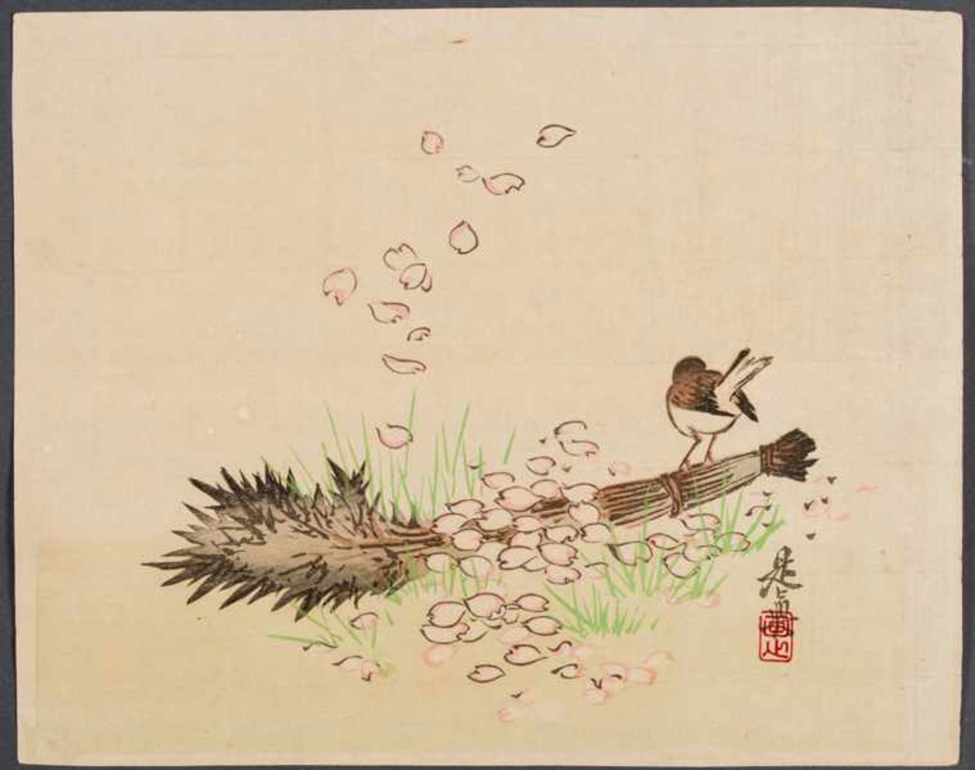 SHIBATA ZESHIN 柴田是真 (1807 - 1891) Original woodblock print. Japan, Sparrow on a sheaf of rice