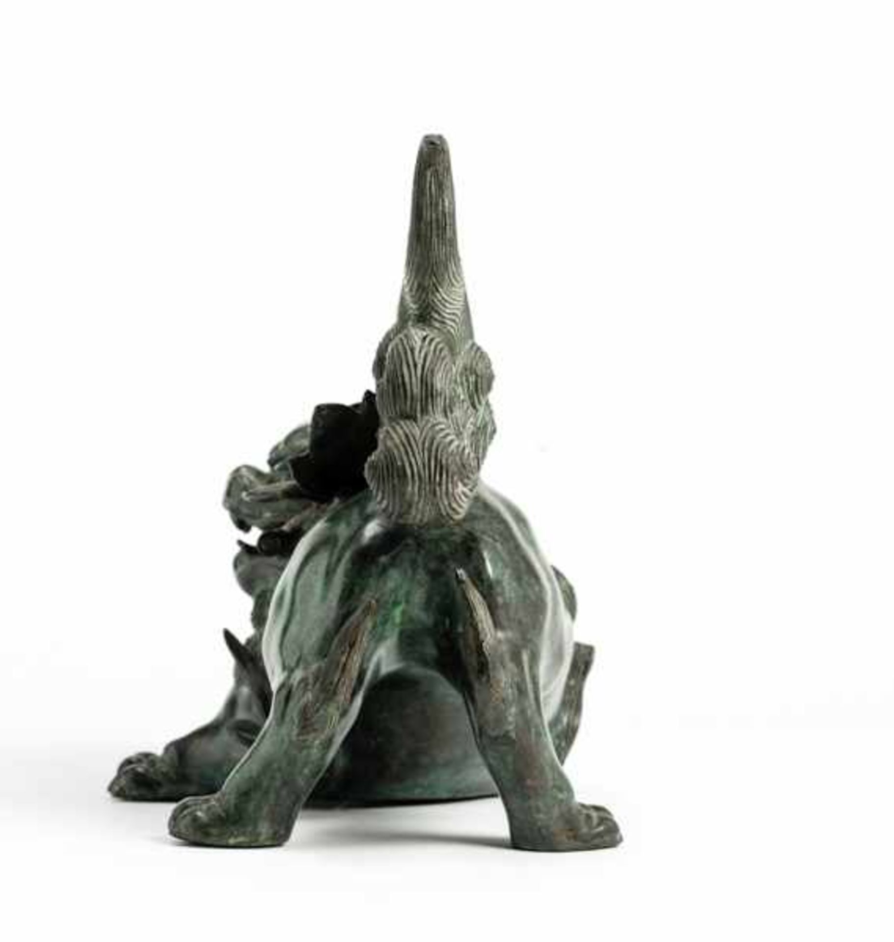 A BRONZE SHISHI Bronze with gilding. Japan, 19th centuryOf beautiful greenish patina, the former - Image 5 of 9