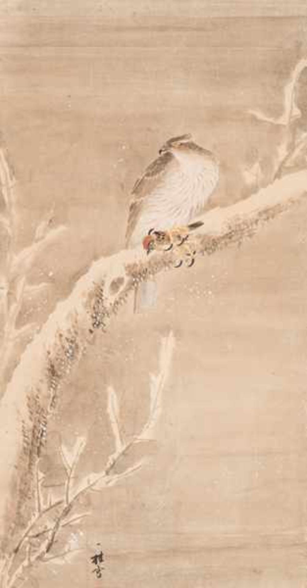 A PAINTING OF A FALCON WITH SPARROW Colors and ink on paper. Japan, 19th centuryDepicting a falcon