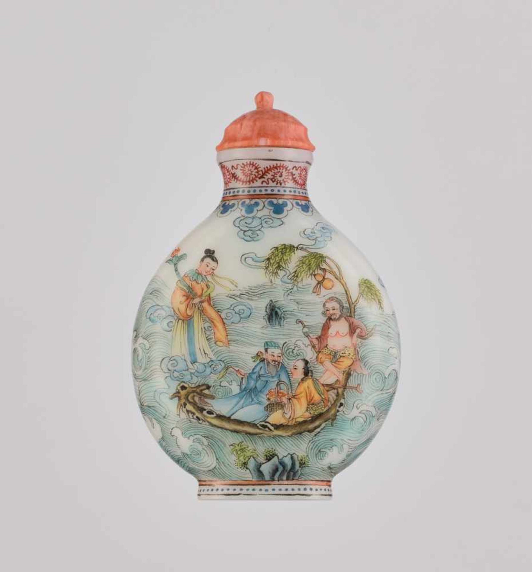 AN ENAMELED 'BAXIAN' GLASS SNUFF BOTTLE, 20th CENTURY Opaque white glass with delicately painted - Image 2 of 6