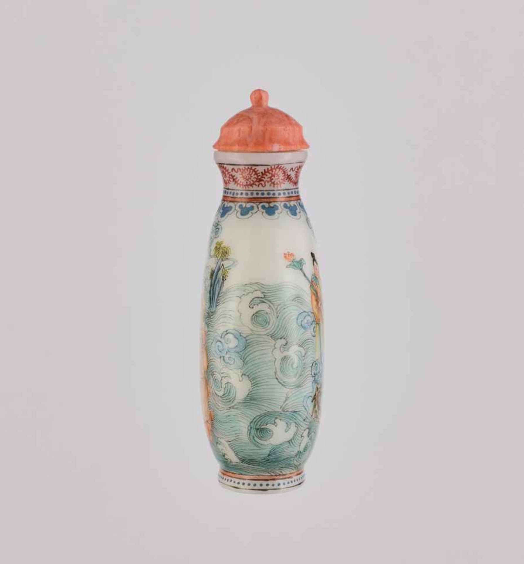 AN ENAMELED 'BAXIAN' GLASS SNUFF BOTTLE, 20th CENTURY Opaque white glass with delicately painted - Image 4 of 6