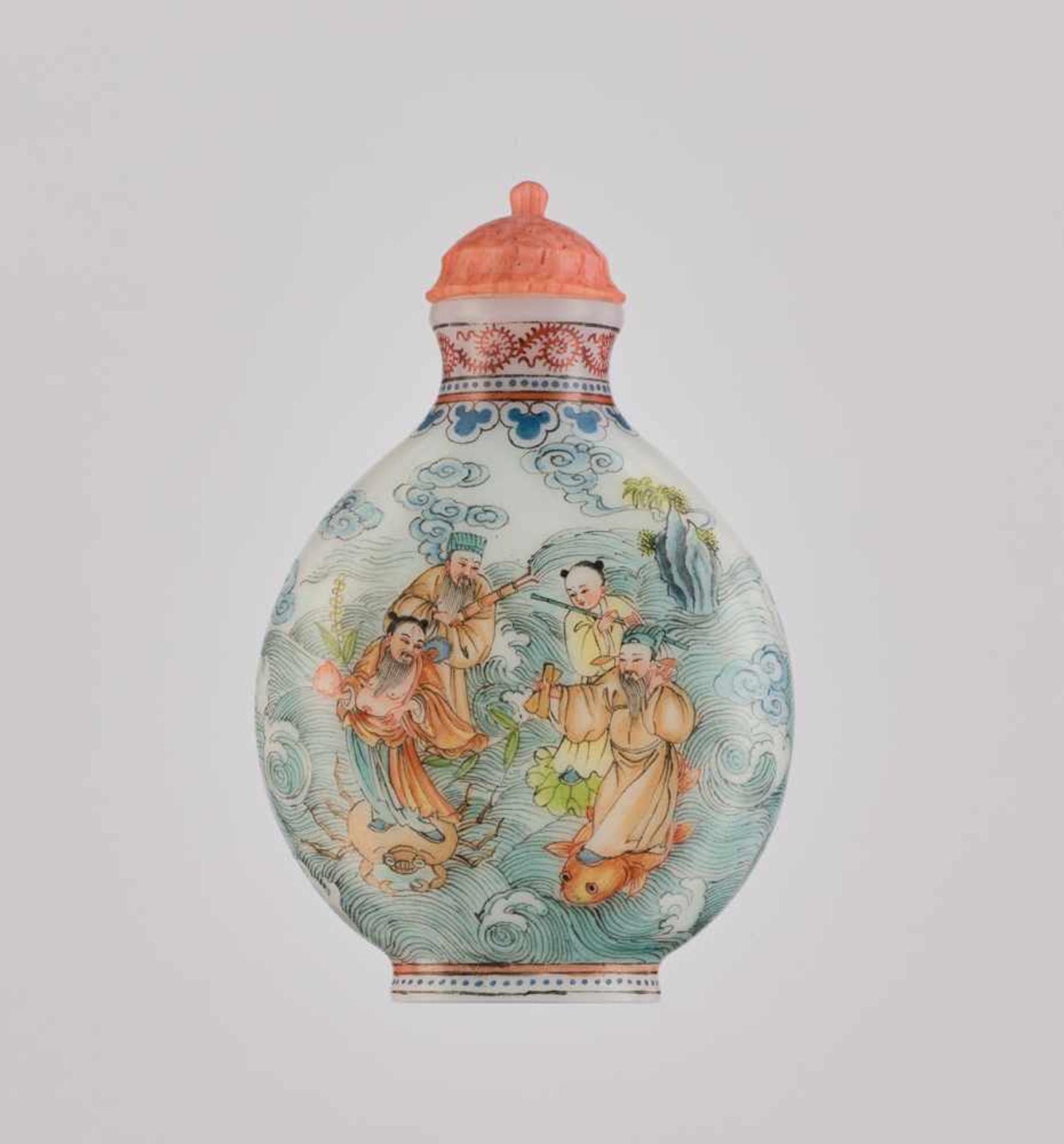 AN ENAMELED 'BAXIAN' GLASS SNUFF BOTTLE, 20th CENTURY Opaque white glass with delicately painted
