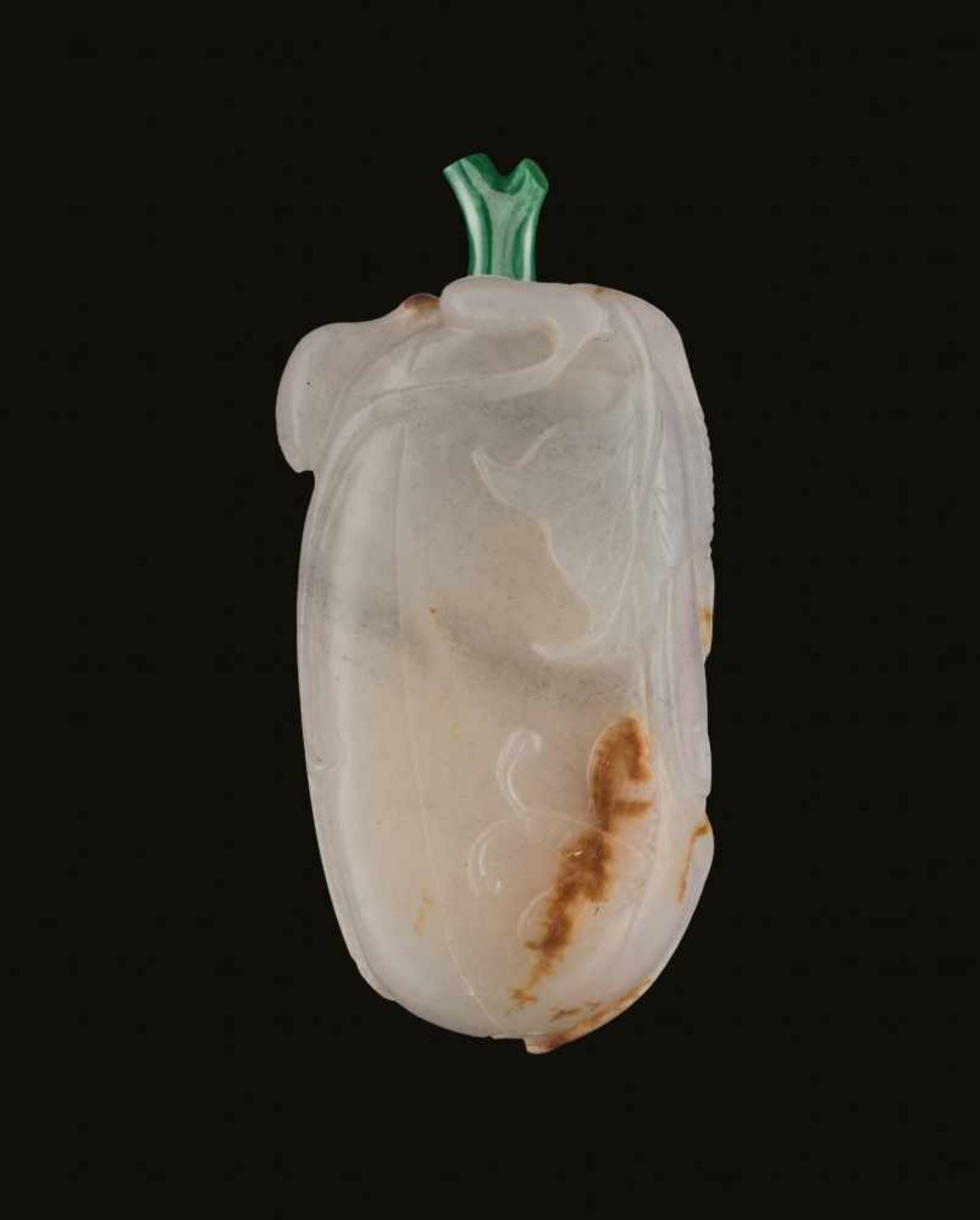 A WHITE-GREY AND RUSSET GOURD-FORM JADE SNUFF BOTTLE Nephrite of somewhat greyish celadon color with