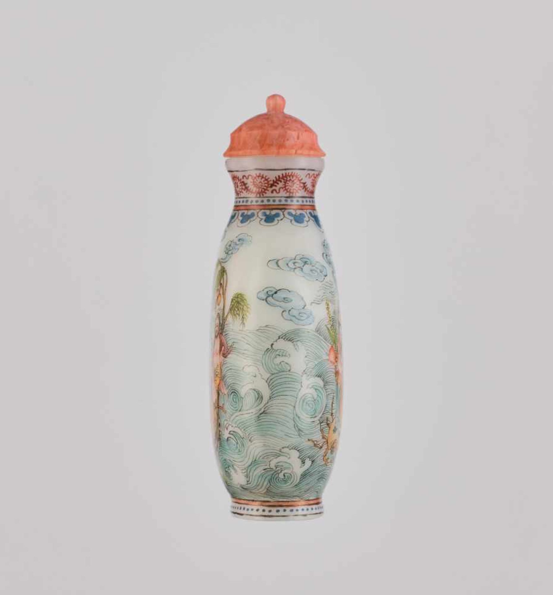 AN ENAMELED 'BAXIAN' GLASS SNUFF BOTTLE, 20th CENTURY Opaque white glass with delicately painted - Image 3 of 6