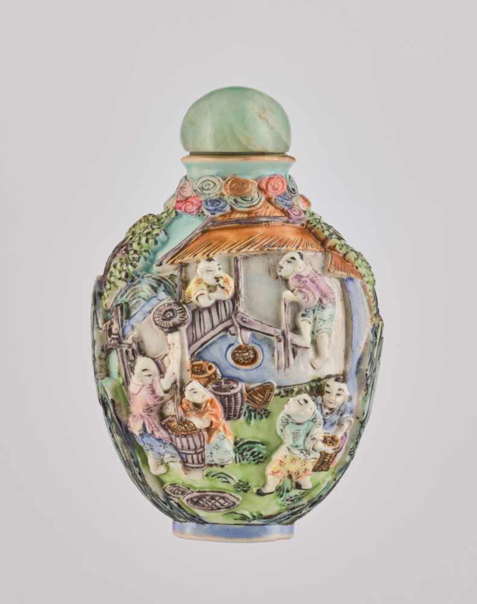 AN UNUSUALLY LARGE AND FINELY MOLDED ‘HARVEST SEASON’ FAMILLE ROSE PORCELAIN SNUFF BOTTLE Molded and