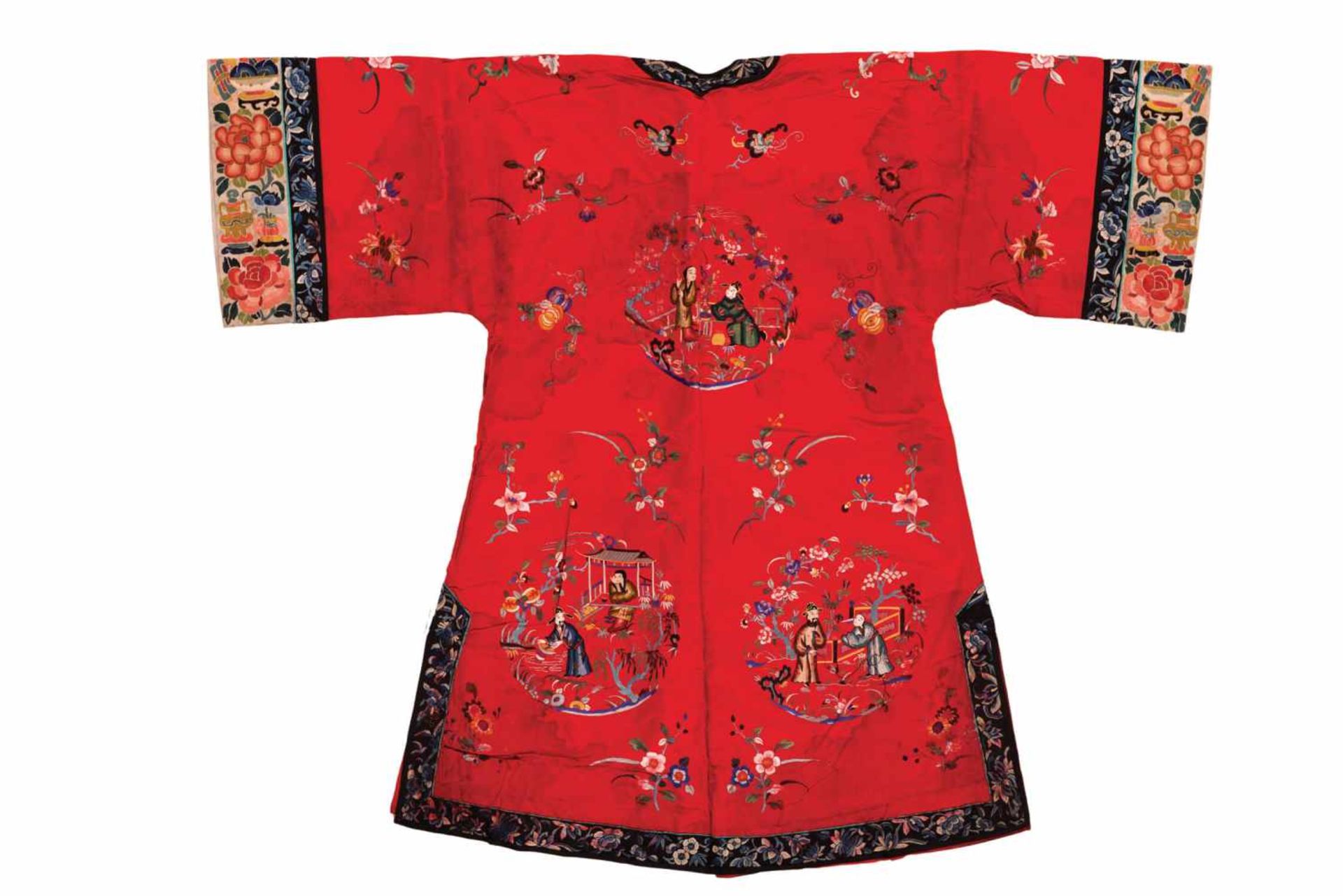 A BRIGHT RED SILK LADY’S ROBE WITH ‘CHINESE LEGENDS’, 1920s Silk with multi-colored silk threads, - Image 2 of 4