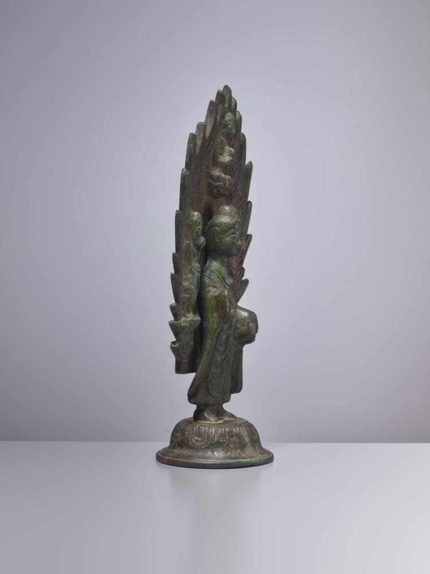 A BRONZE BUDDHA STANDING IN FRONT OF A FLAMING HALO, DATED 571 Cast and incised bronze with a rich - Image 4 of 7