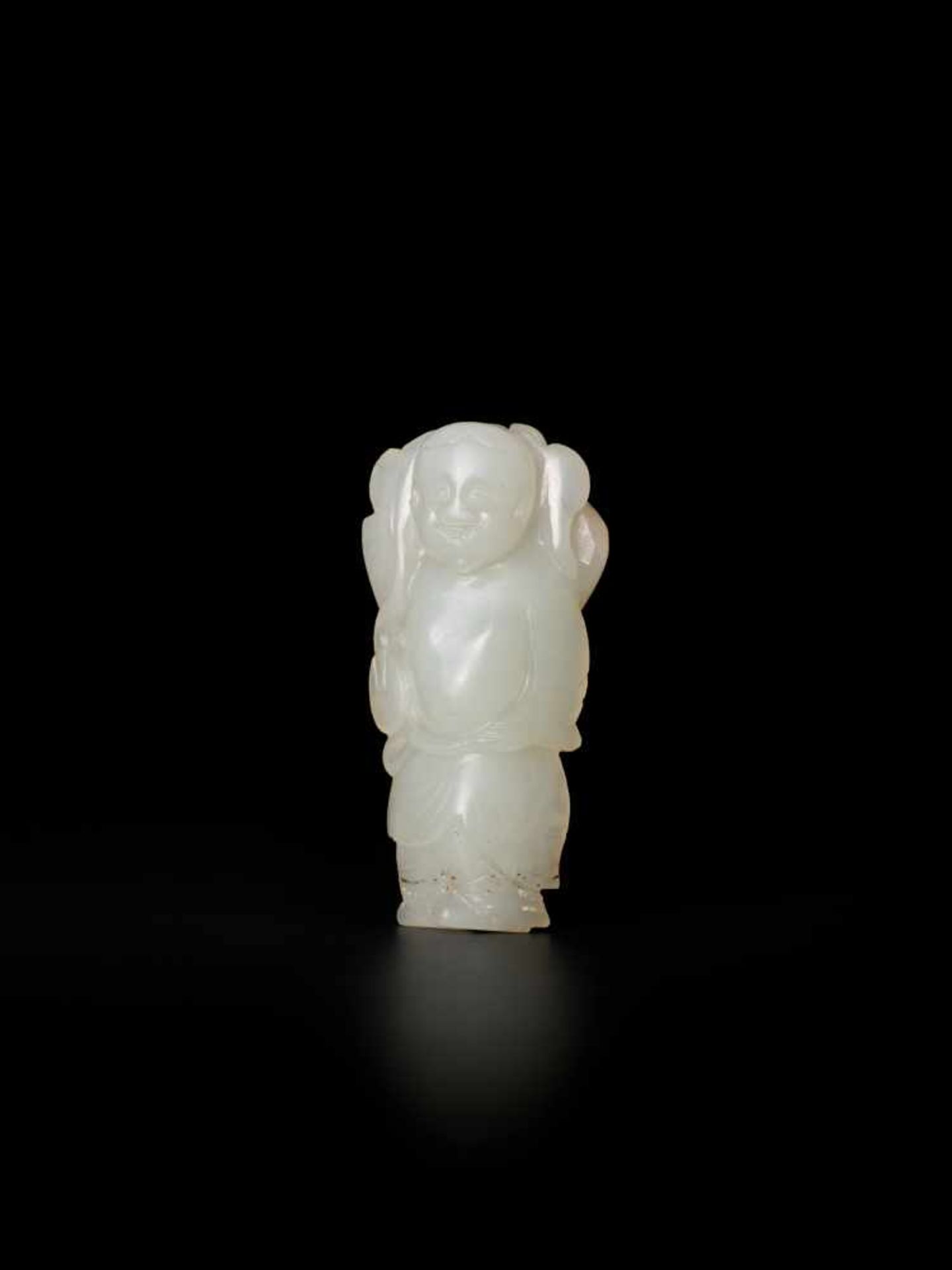 A WHITE JADE QING DYNASTY ‘LUCKY GOD’ MINIATURE PENDANT White jade with ochre colored inclusions