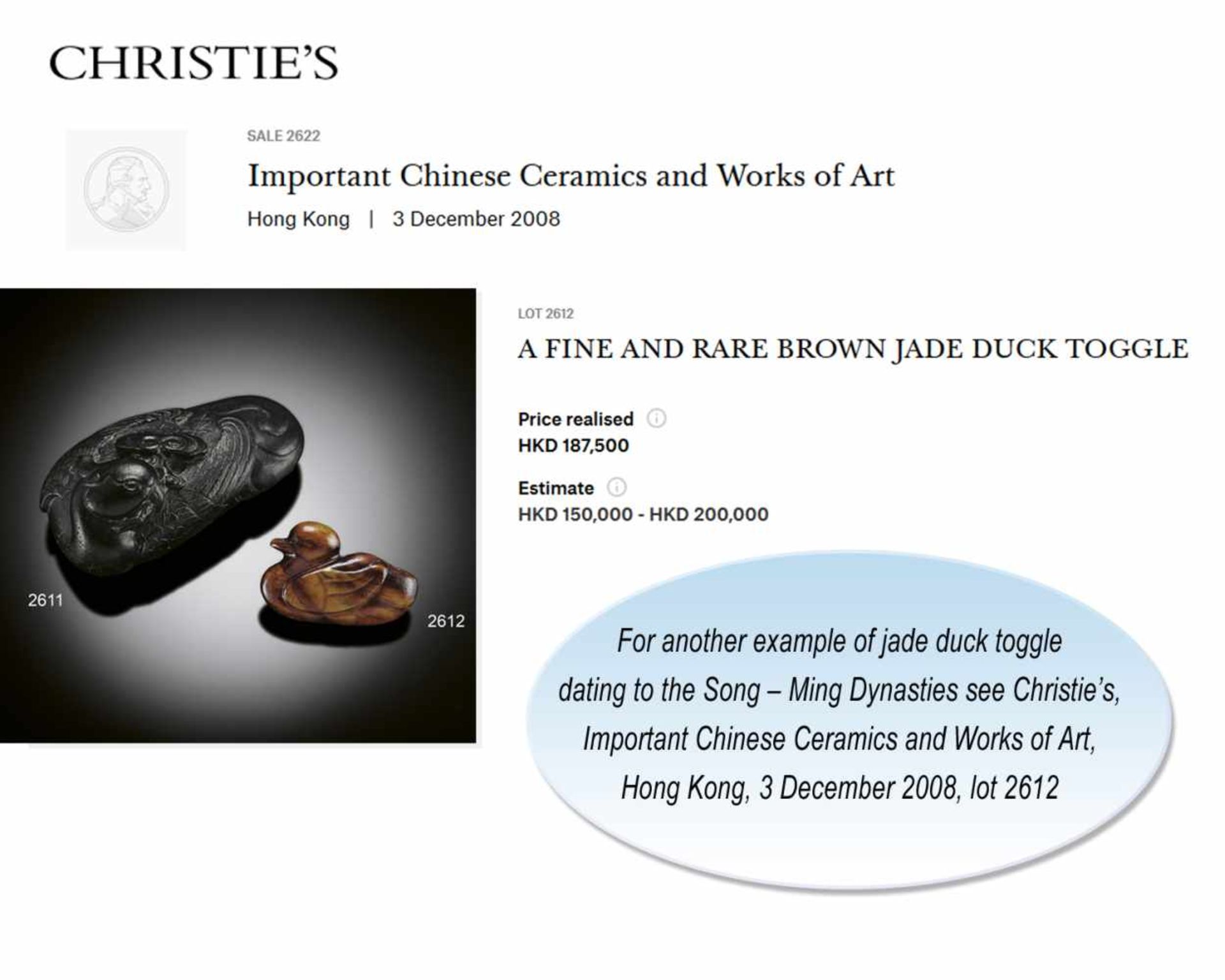 A YUAN / MING DYNASTY MOTTLED JADE TOGGLE OF A MANDARIN DUCK Brown and black mottled jade, smooth - Image 7 of 7