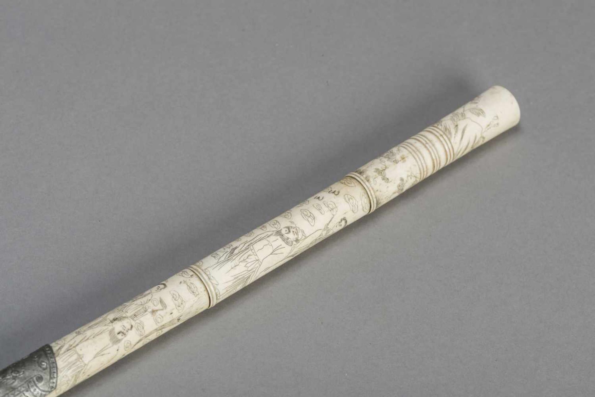 AN INSCRIBED STAG ANTLER, PEWTER AND YIXING OPIUM PIPE, QING DYNASTY The pipe consisting of five - Image 3 of 9