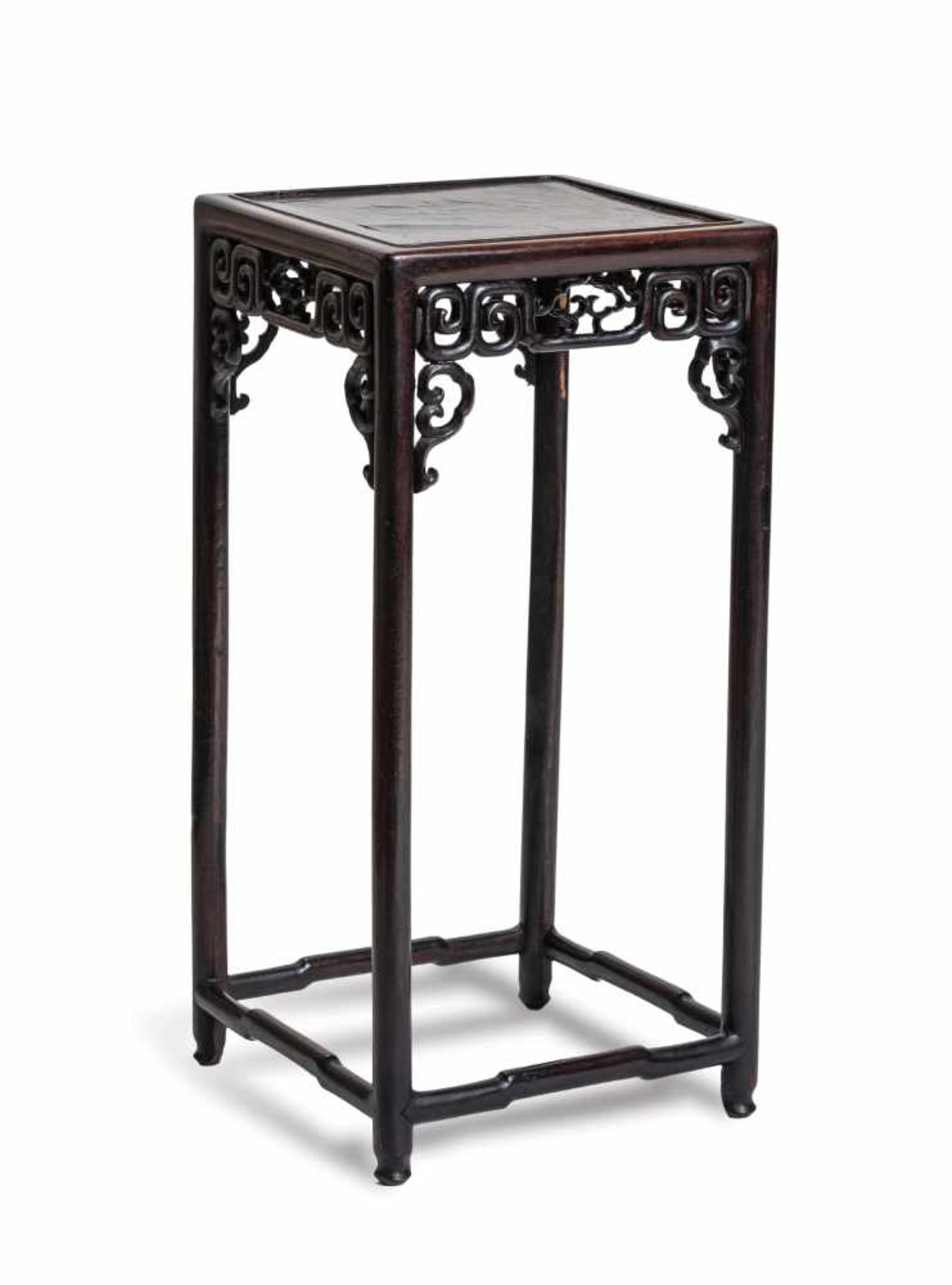 A RECTANGULAR WOODEN FLOWER STAND, QING DYNASTY Made of several jointed pieces of darker hardwood,