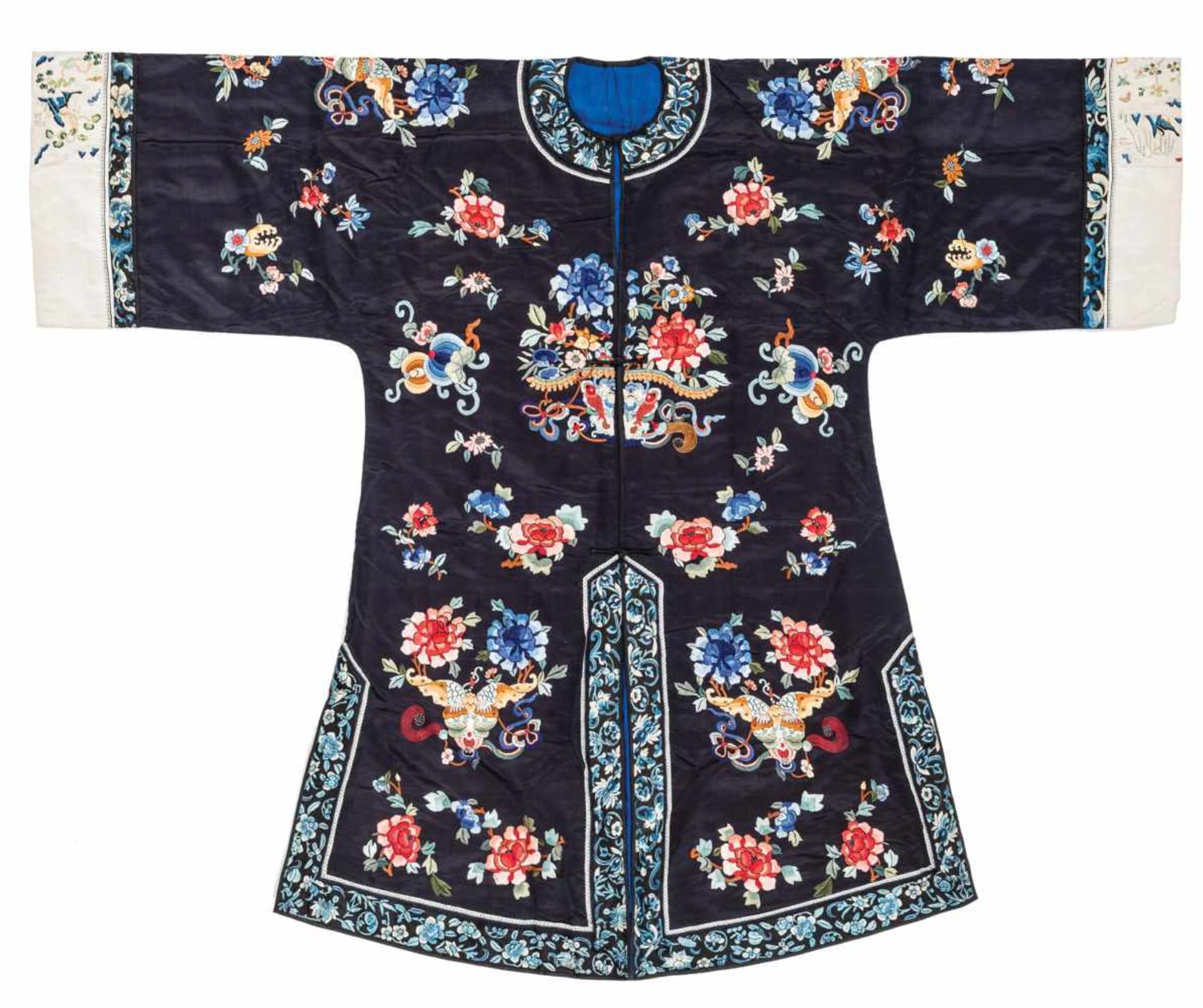 A MIDNIGHT BLUE SILK LADY’S ROBE WITH FLOWERS AND BUTTERFLIES, 1920s Silk with multi-colored silk