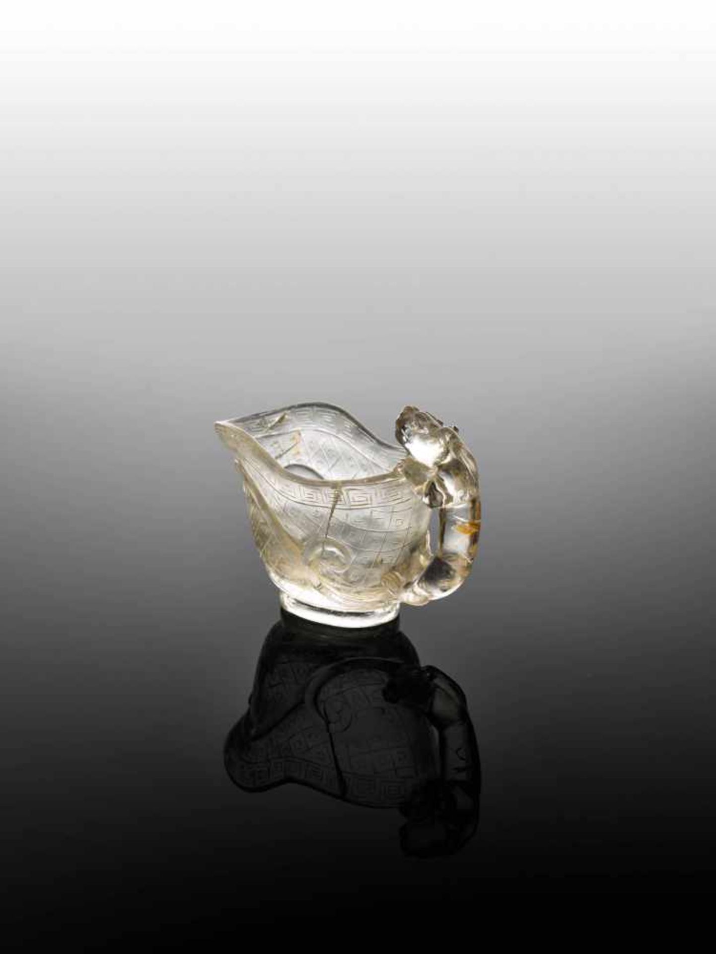 A QING DYNASTY ROCK CRYSTAL LIBATION CUP with CHILONG HANDLE Transparent rock crystal with natural - Image 4 of 6