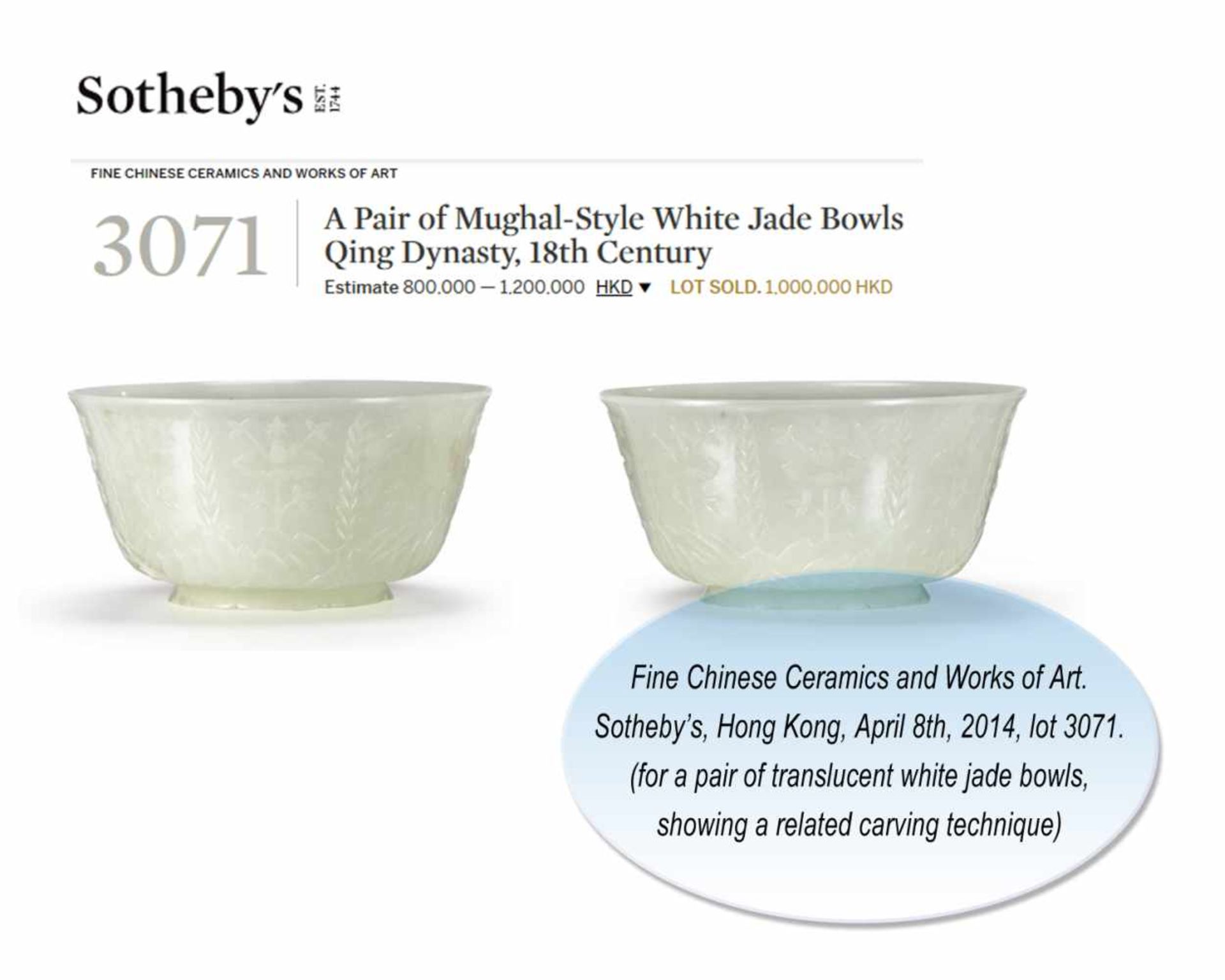 A TRANSLUCENT SPINACH GREEN MUGHAL STYLE ‘LOTUS’ JADE BOWL, QING DYNASTY The jade carved in high - Image 8 of 8