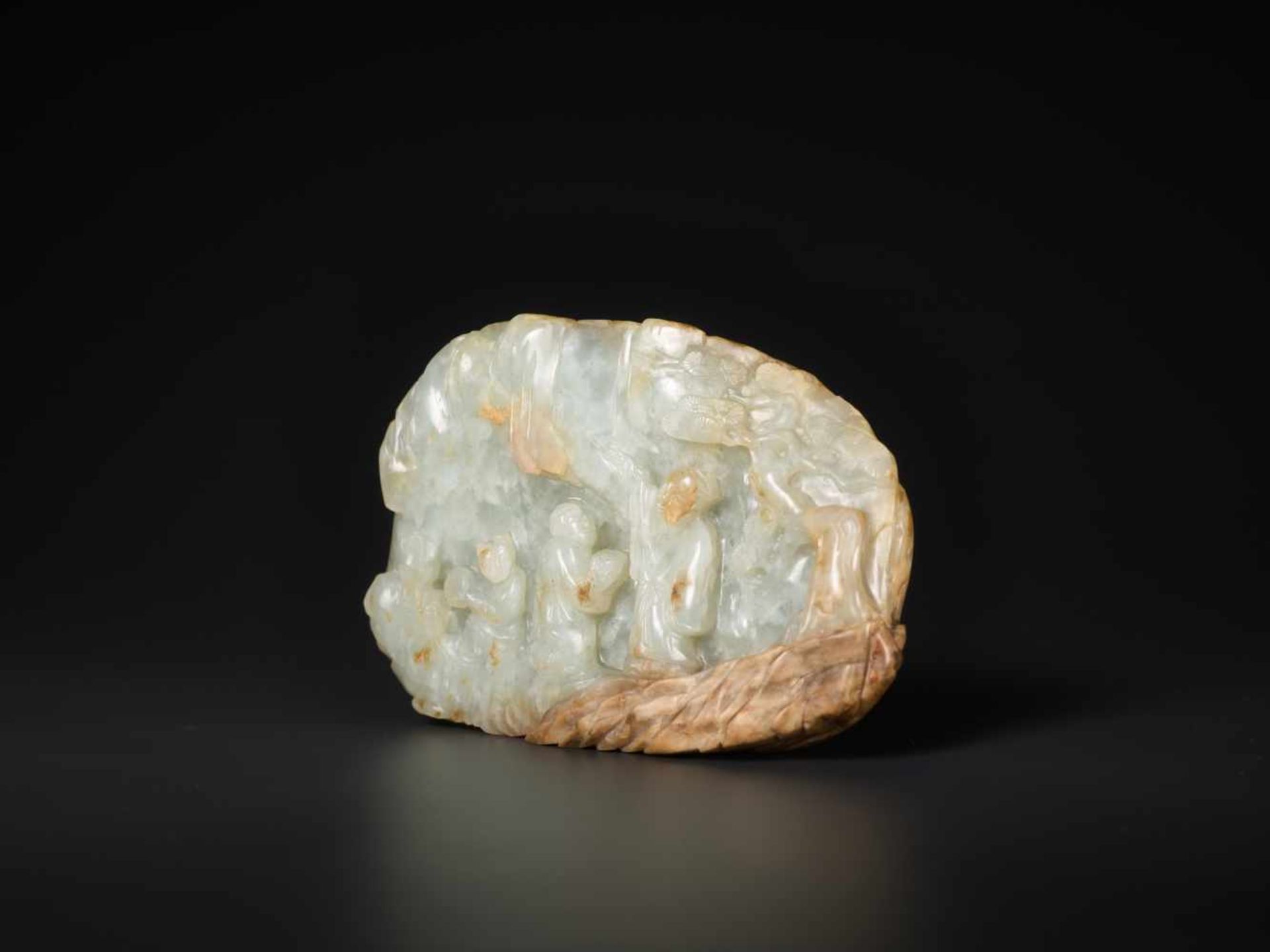 A FINE CELADON AND BROWN JADE MOUNTAIN BOULDER, QIANLONG Celadon jade with russet and opaque, - Image 3 of 7