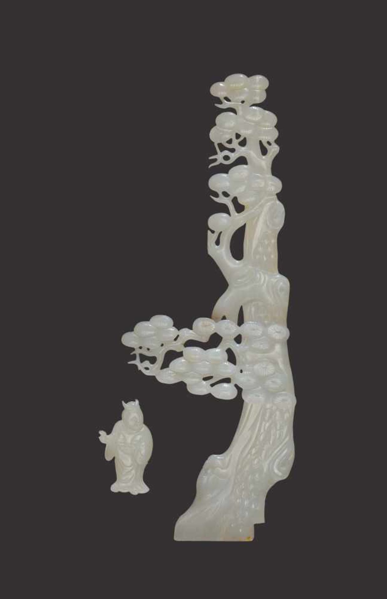 A LARGE 4-PART WHITE JADE ‘PRINCE UNDERNEATH PINE TREE’ CARVING, QING DYNASTY Pure white jade with