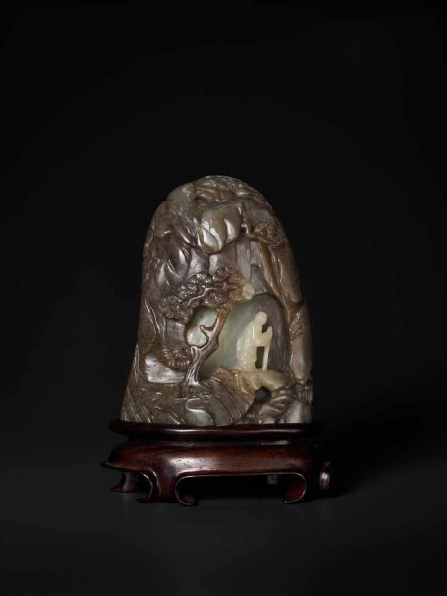 A LARGE BROWN, CELADON AND WHITE JADE MOUNTAIN BOULDER, QING DYNASTY Celadon and brown jade with - Image 2 of 8