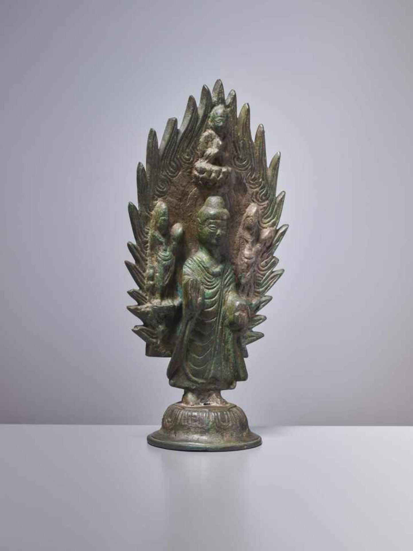 A BRONZE BUDDHA STANDING IN FRONT OF A FLAMING HALO, DATED 571 Cast and incised bronze with a rich - Image 3 of 7