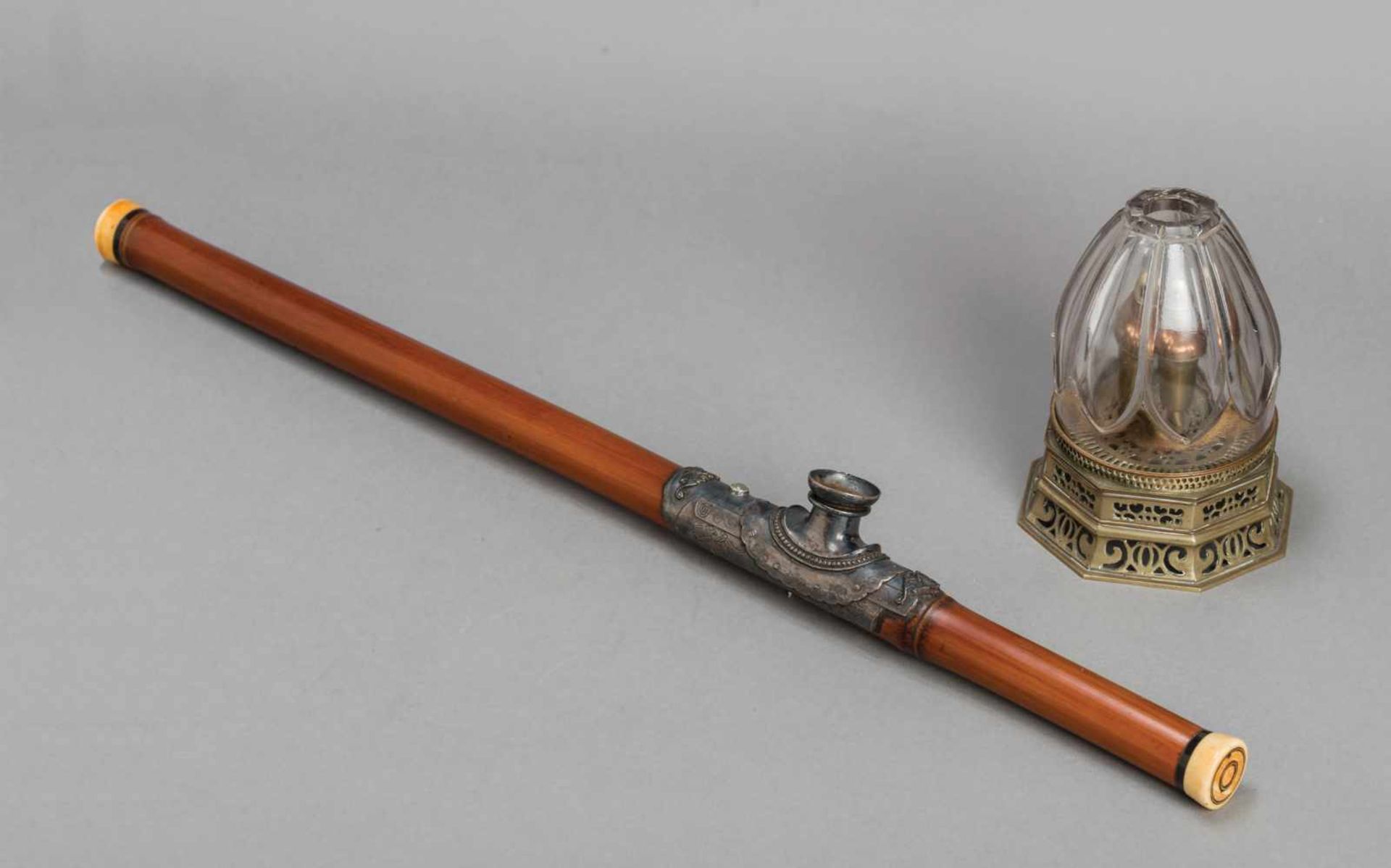 AN IVORY, BAMBOO AND SILVER OPIUM PIPE, QING DYNASTY, WITH AN ANTIQUE OPIUM LAMP The pipe consisting