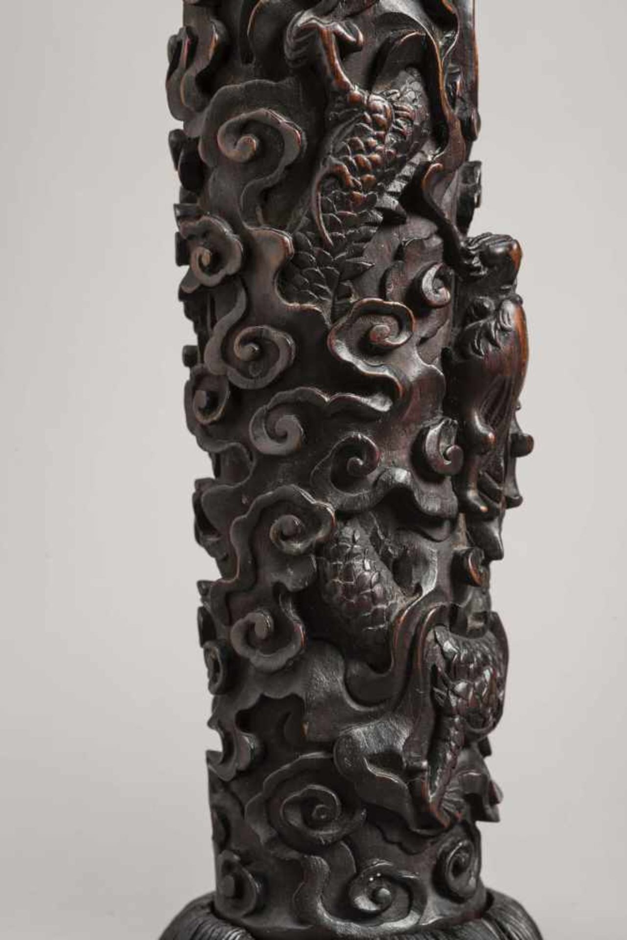 A PAIR OF ZITAN ‘TWO-DRAGON' CANDLESTICKS ON STANDS, QING DYNASTY The Zitan wood with its typical “ - Image 9 of 13