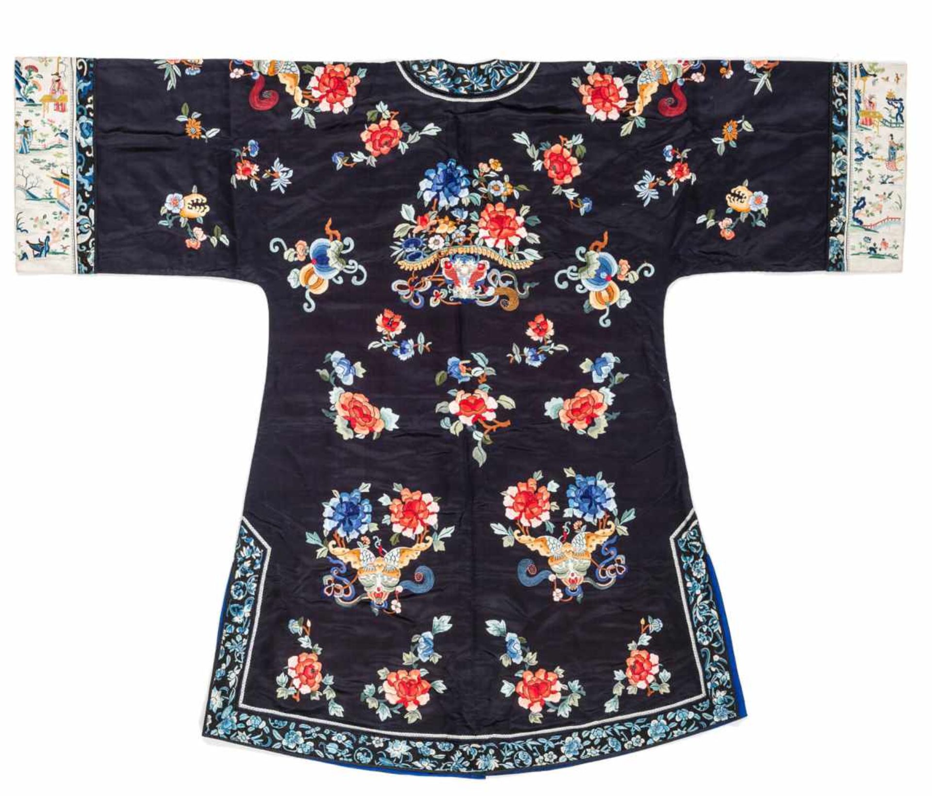 A MIDNIGHT BLUE SILK LADY’S ROBE WITH FLOWERS AND BUTTERFLIES, 1920s Silk with multi-colored silk - Image 2 of 5