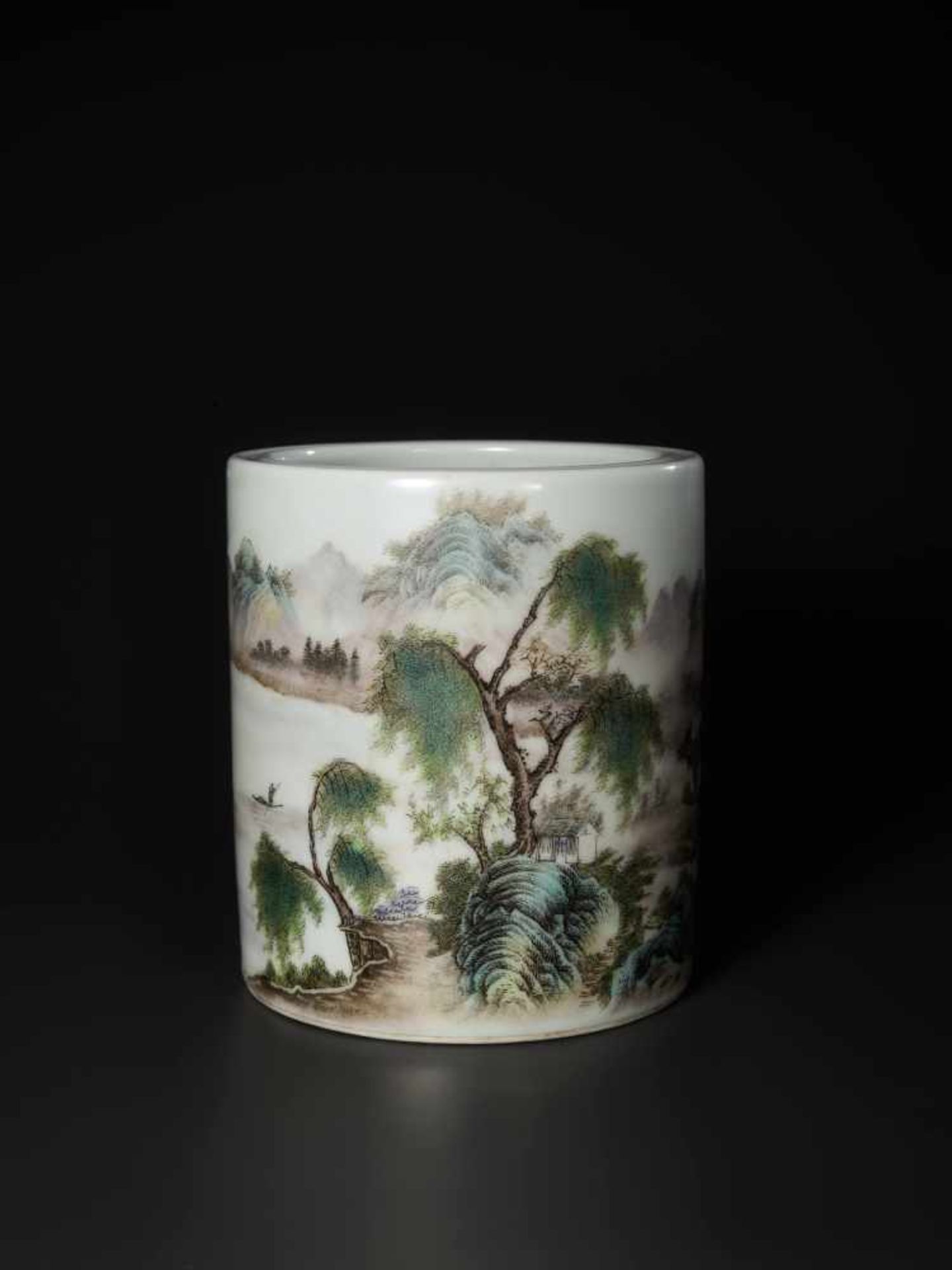 A FAMILLE ROSE PORCELAIN BRUSH POT BY ZHANG ZHITANG (1893-1971) Porcelain with fine enamel - Image 2 of 7