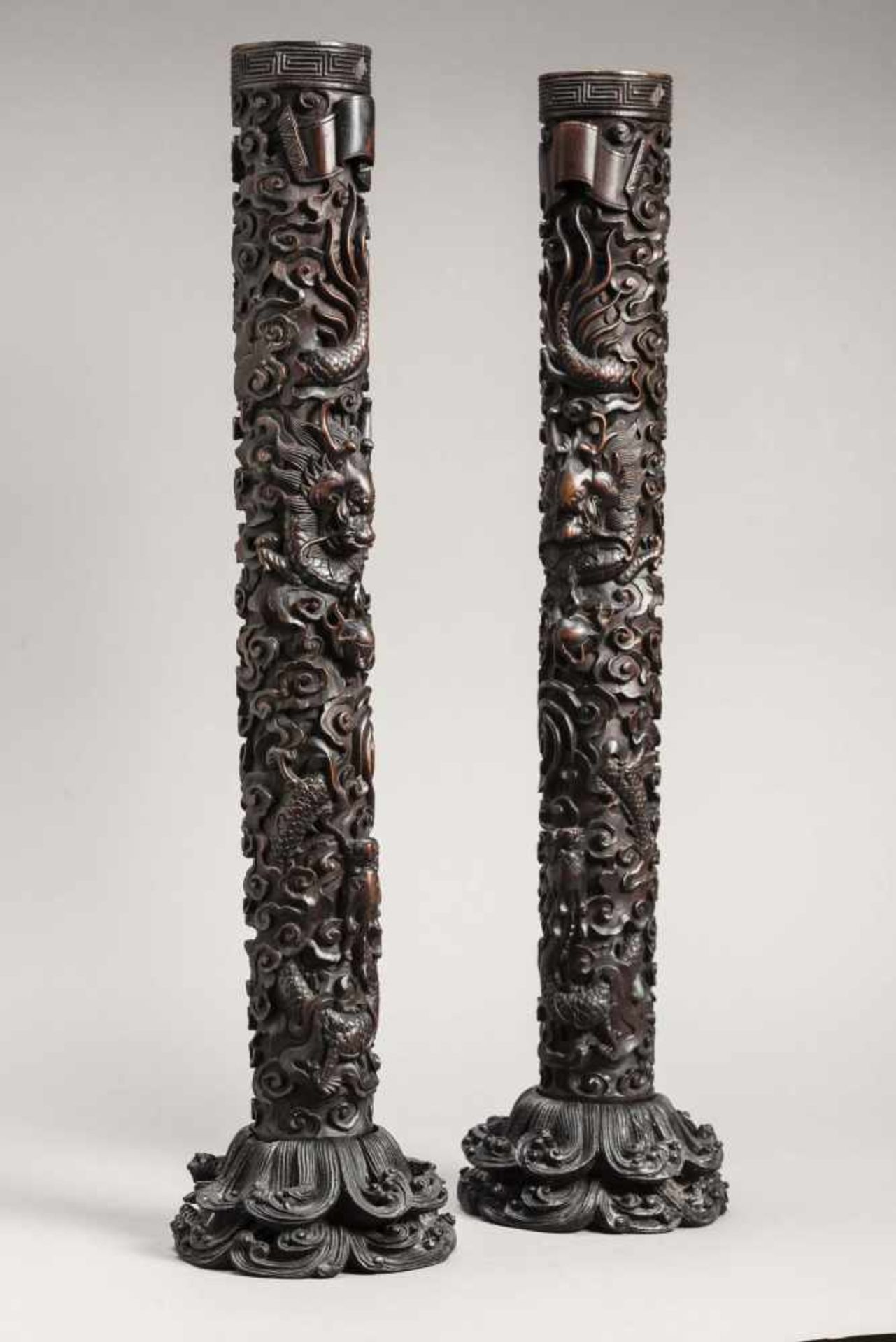 A PAIR OF ZITAN ‘TWO-DRAGON' CANDLESTICKS ON STANDS, QING DYNASTY The Zitan wood with its typical “ - Image 2 of 13