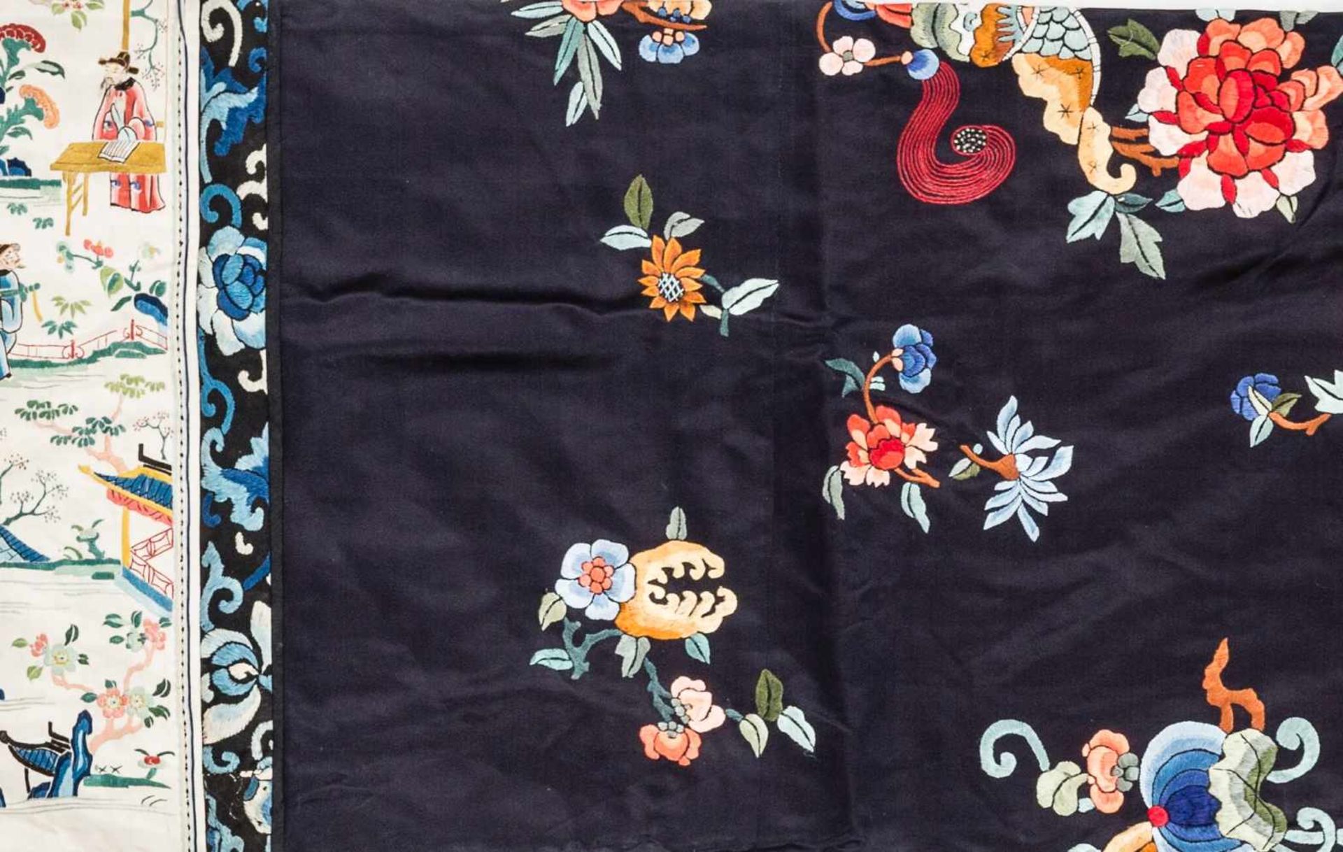 A MIDNIGHT BLUE SILK LADY’S ROBE WITH FLOWERS AND BUTTERFLIES, 1920s Silk with multi-colored silk - Image 5 of 5