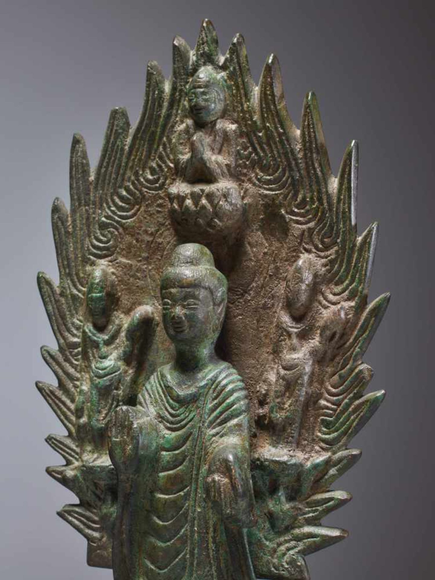 A BRONZE BUDDHA STANDING IN FRONT OF A FLAMING HALO, DATED 571 Cast and incised bronze with a rich - Image 6 of 7