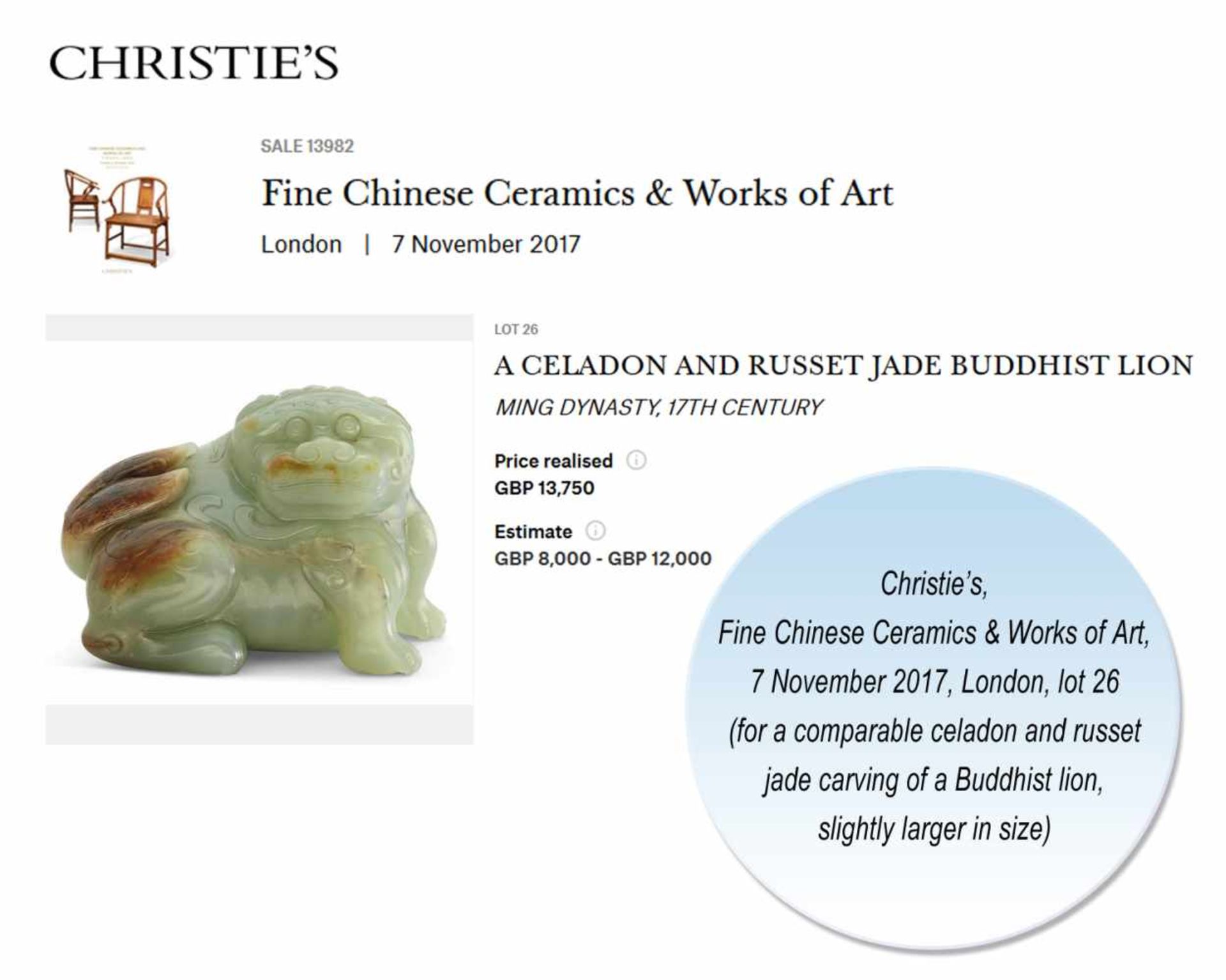 A 17th / 18th CENTURY CELADON AND RUSSET JADE ‘BUDDHIST LION’ CARVING Pale celadon color jade with - Image 6 of 6