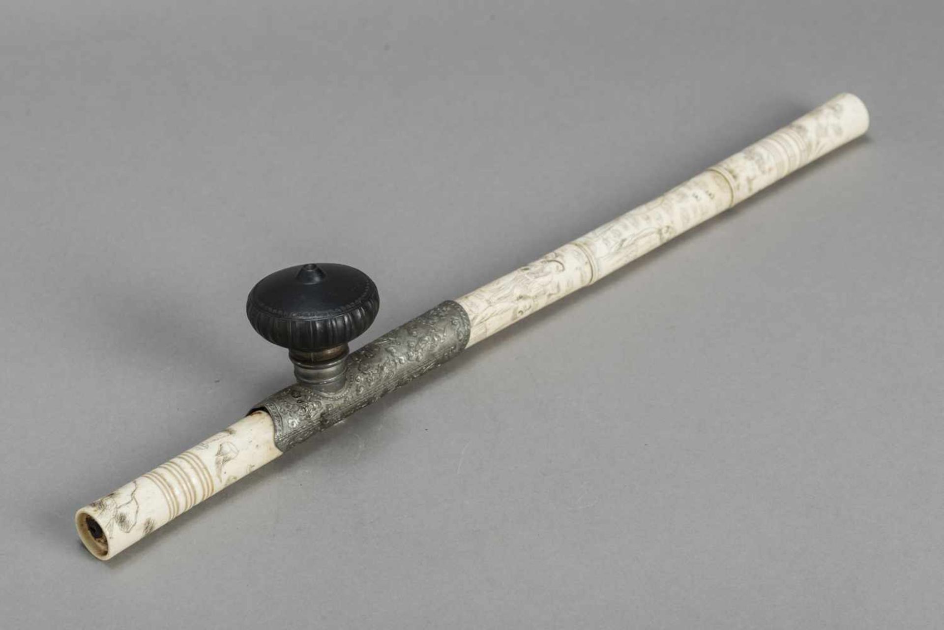 AN INSCRIBED STAG ANTLER, PEWTER AND YIXING OPIUM PIPE, QING DYNASTY The pipe consisting of five - Image 2 of 9