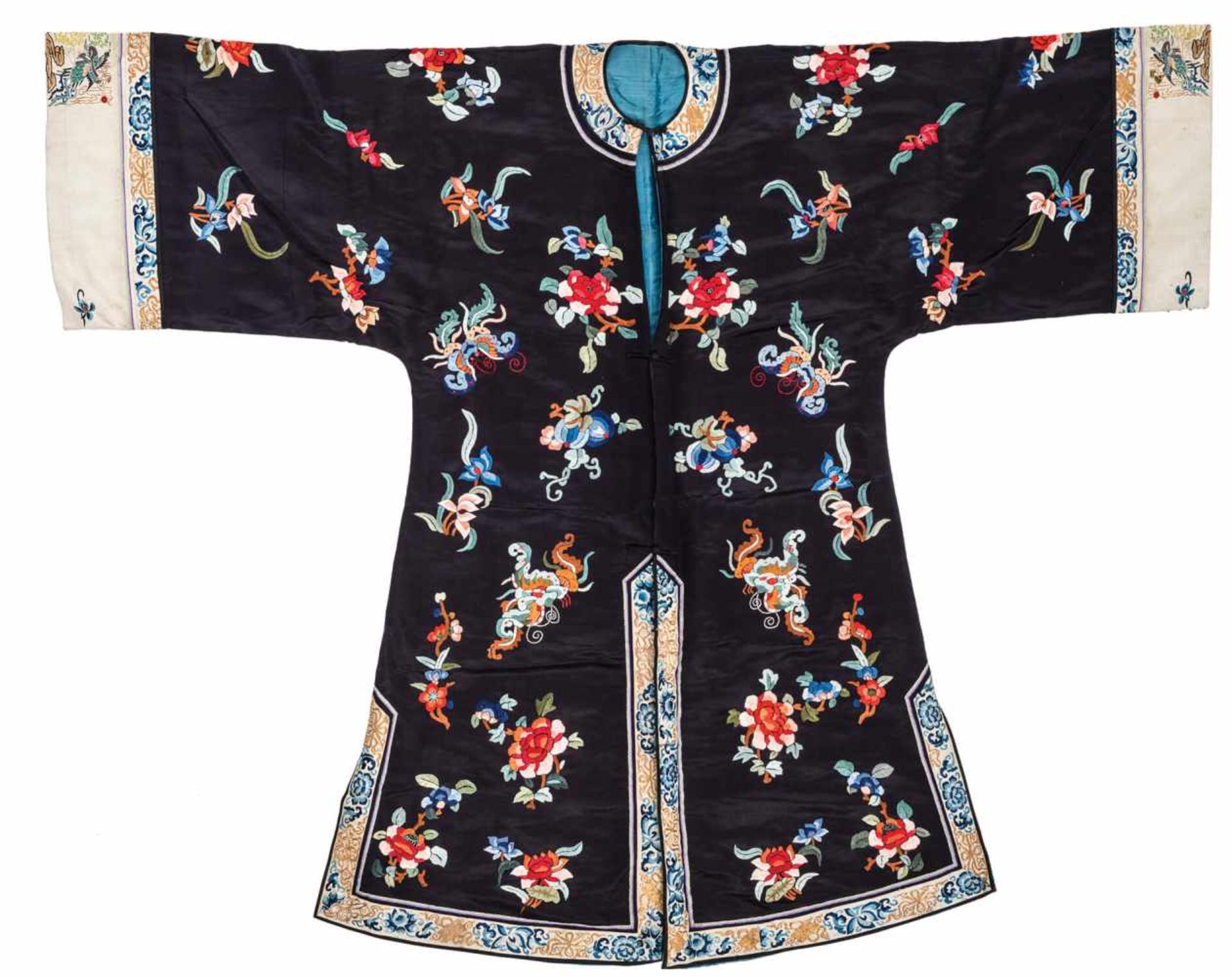 A 1920s MIDNIGHT BLUE SILK LADY’S ROBE WITH FLOWERS AND BUTTERFLIES Silk with multi-colored silk and