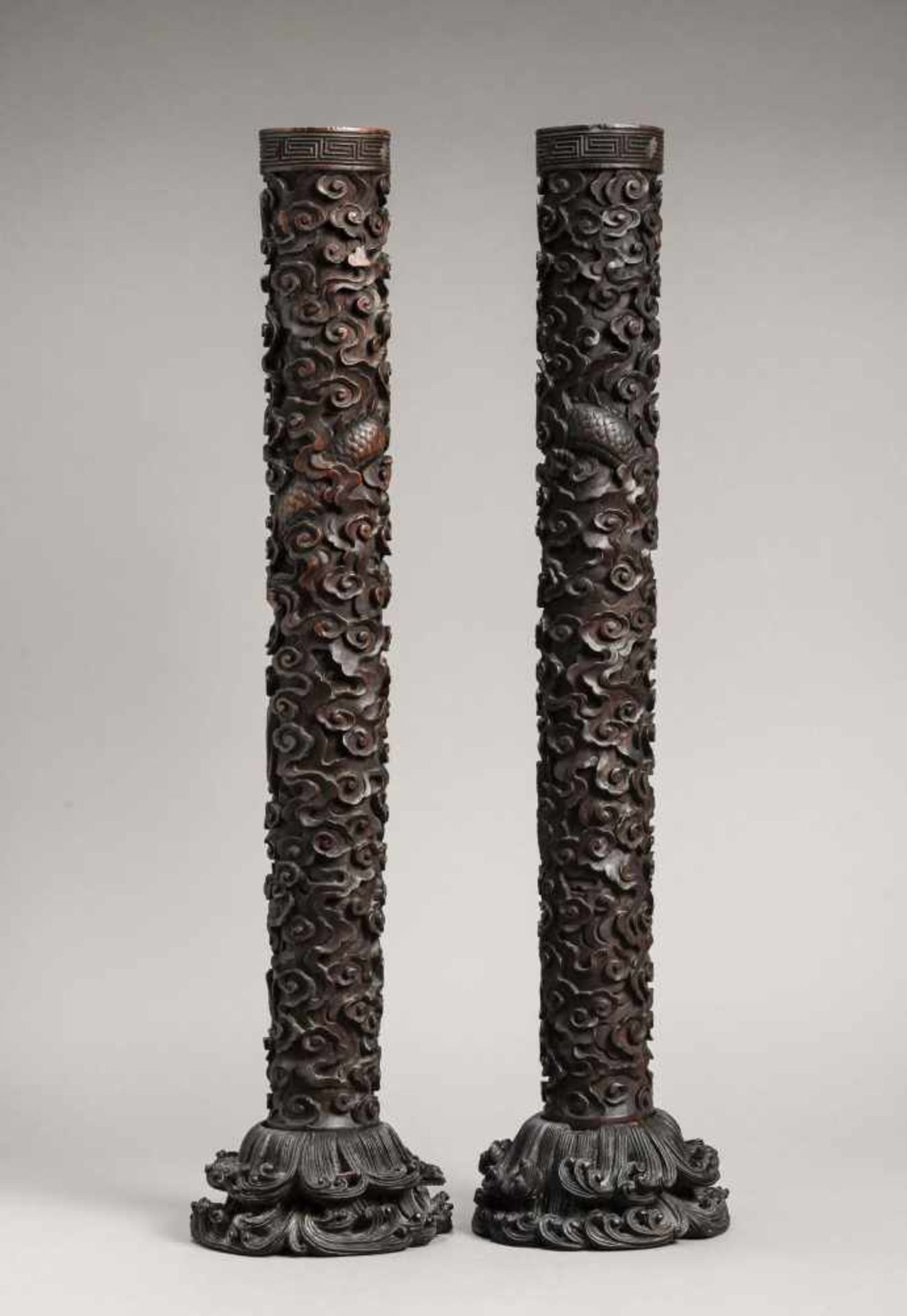 A PAIR OF ZITAN ‘TWO-DRAGON' CANDLESTICKS ON STANDS, QING DYNASTY The Zitan wood with its typical “ - Image 4 of 13