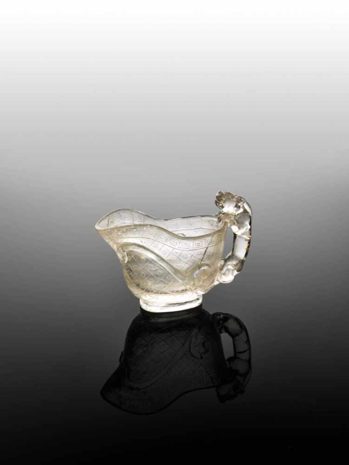 A QING DYNASTY ROCK CRYSTAL LIBATION CUP with CHILONG HANDLE Transparent rock crystal with natural - Image 2 of 6