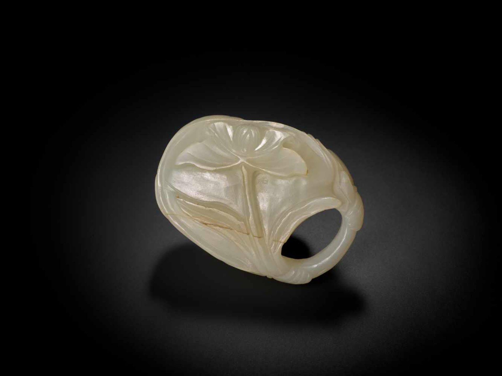 AN 18TH CENTURY JADE ‘BOY AND LOTUS’ CARVING Pale celadon jade of even color and translucent - Image 3 of 7