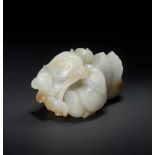 A QING DYNASTY CELADON AND RUSSET JADE ‘MANDARIN DUCKS AND LOTUS’ GROUP Light celadon color jade