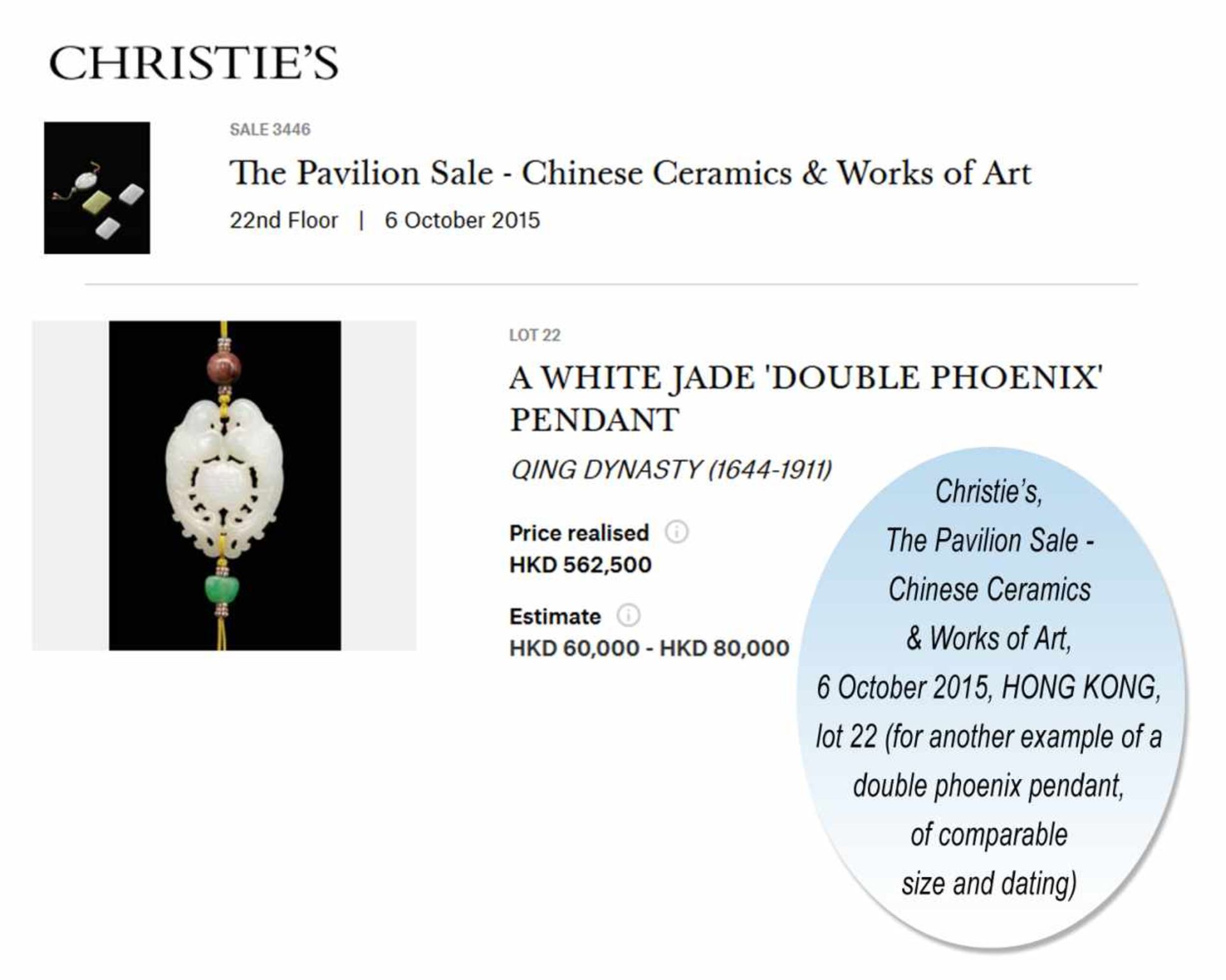 A WHITE JADE QING DYNASTY ‘DOUBLE PHOENIX’ PENDANT White color jade of an even tone, smooth - Bild 5 aus 5