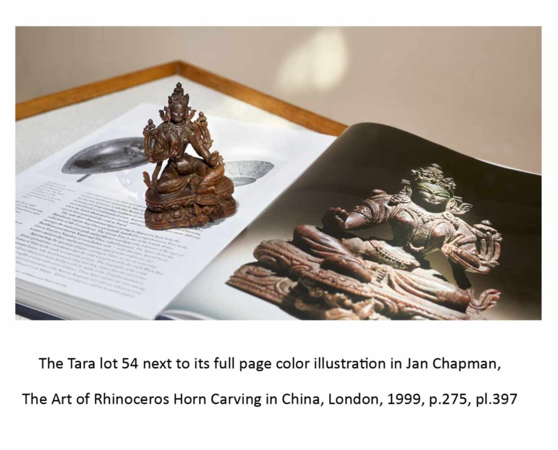 AN EXTREMELY RARE 17th CENTURY RHINOCEROS HORN CARVING OF A GREEN TARA This lot is published and - Image 2 of 8