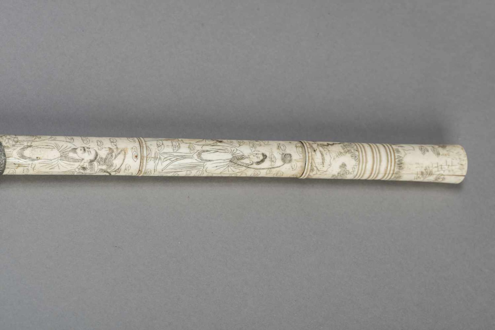 AN INSCRIBED STAG ANTLER, PEWTER AND YIXING OPIUM PIPE, QING DYNASTY The pipe consisting of five - Image 5 of 9