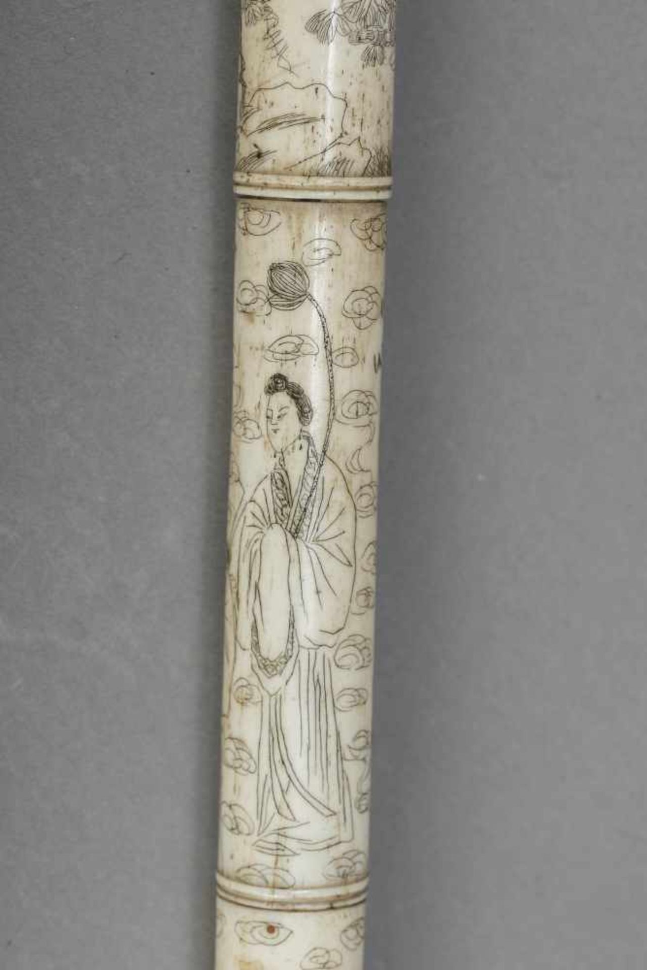 AN INSCRIBED STAG ANTLER, PEWTER AND YIXING OPIUM PIPE, QING DYNASTY The pipe consisting of five - Image 9 of 9