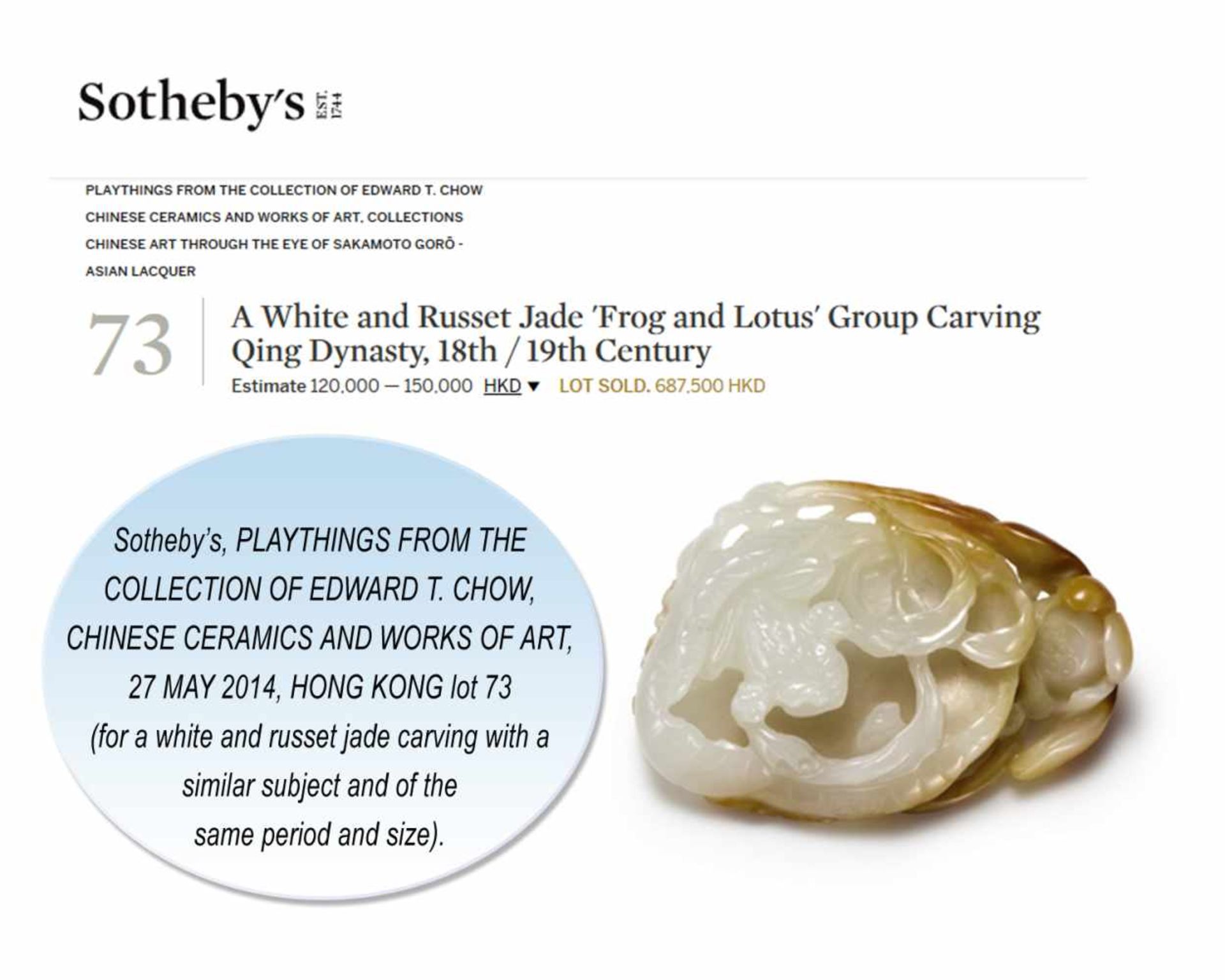 A QING DYNASTY WHITE AND RUSSET JADE ‘BAT AND LOTUS’ GROUP White jade with sparse russet inclusions, - Bild 7 aus 7